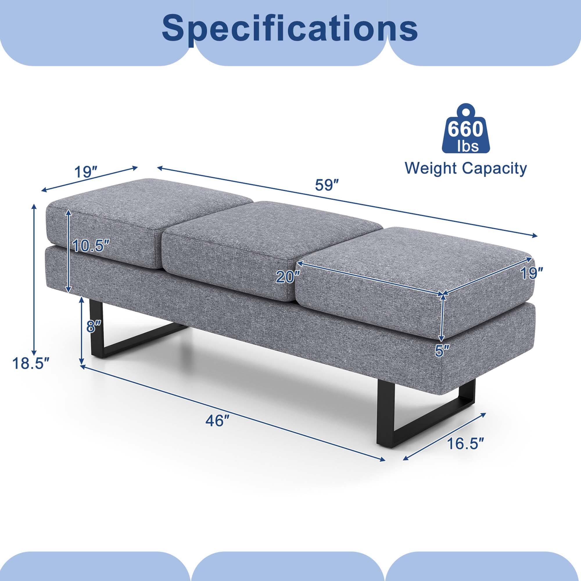 Specifications  
- Weight Capacity: 660 lbs  
- Dimensions:  
  - Length: 59"  
  - Width: 46"  
  - Height: 18.5"  
  - Seat Height: 5"  
  - Seat Depth: 20"  
  - Armrest Height: 19"  
  - Armrest Width: 19"  
  - Back Height: 10.5"  
  - Leg Width: 8"  
  - Leg Height: 16.5"