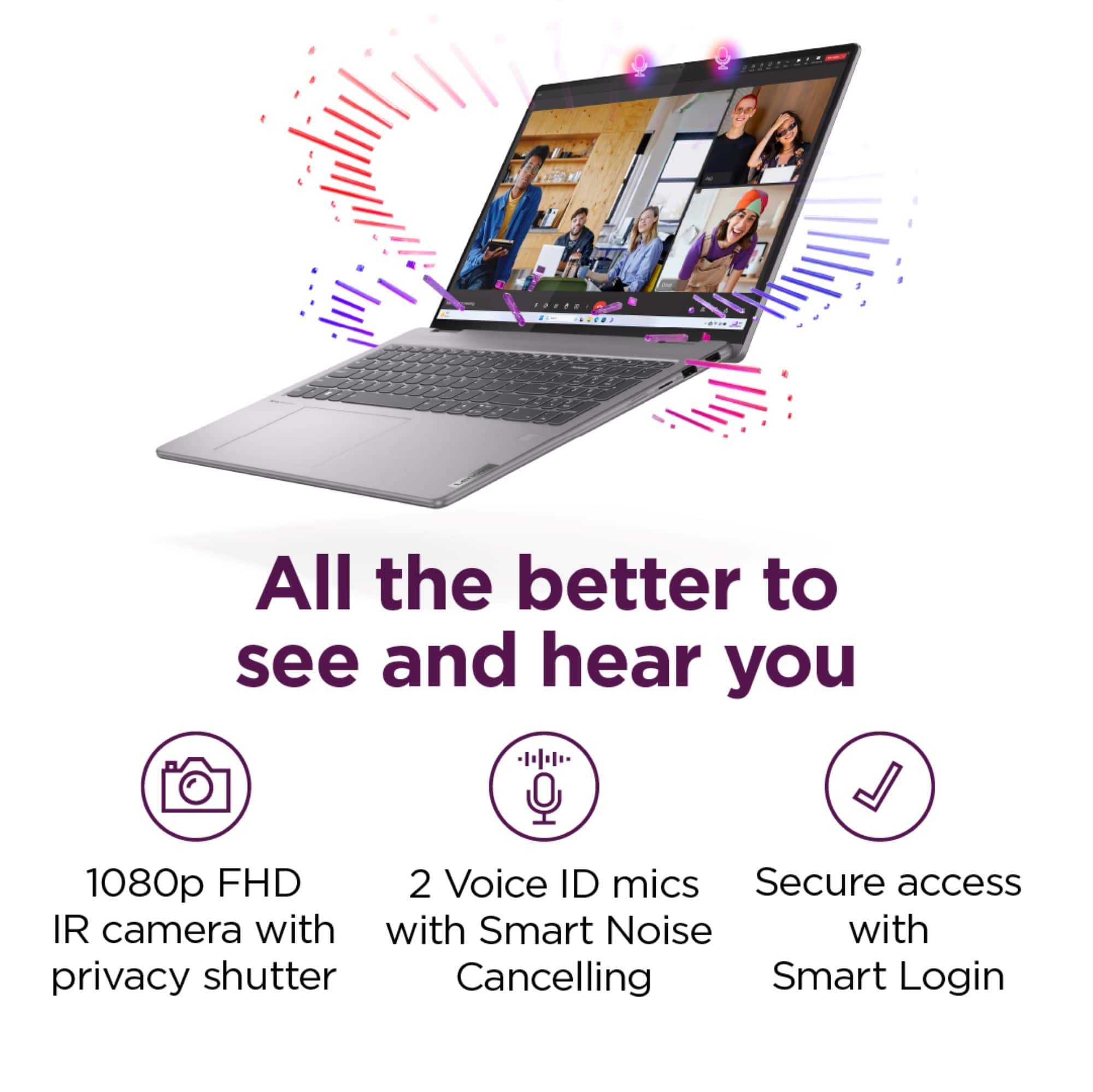 All the better to see and hear you. 1080p FHD, 2 Voice ID mics, Secure access, IR camera with Smart Noise with privacy shutter, Cancelling Smart Login.