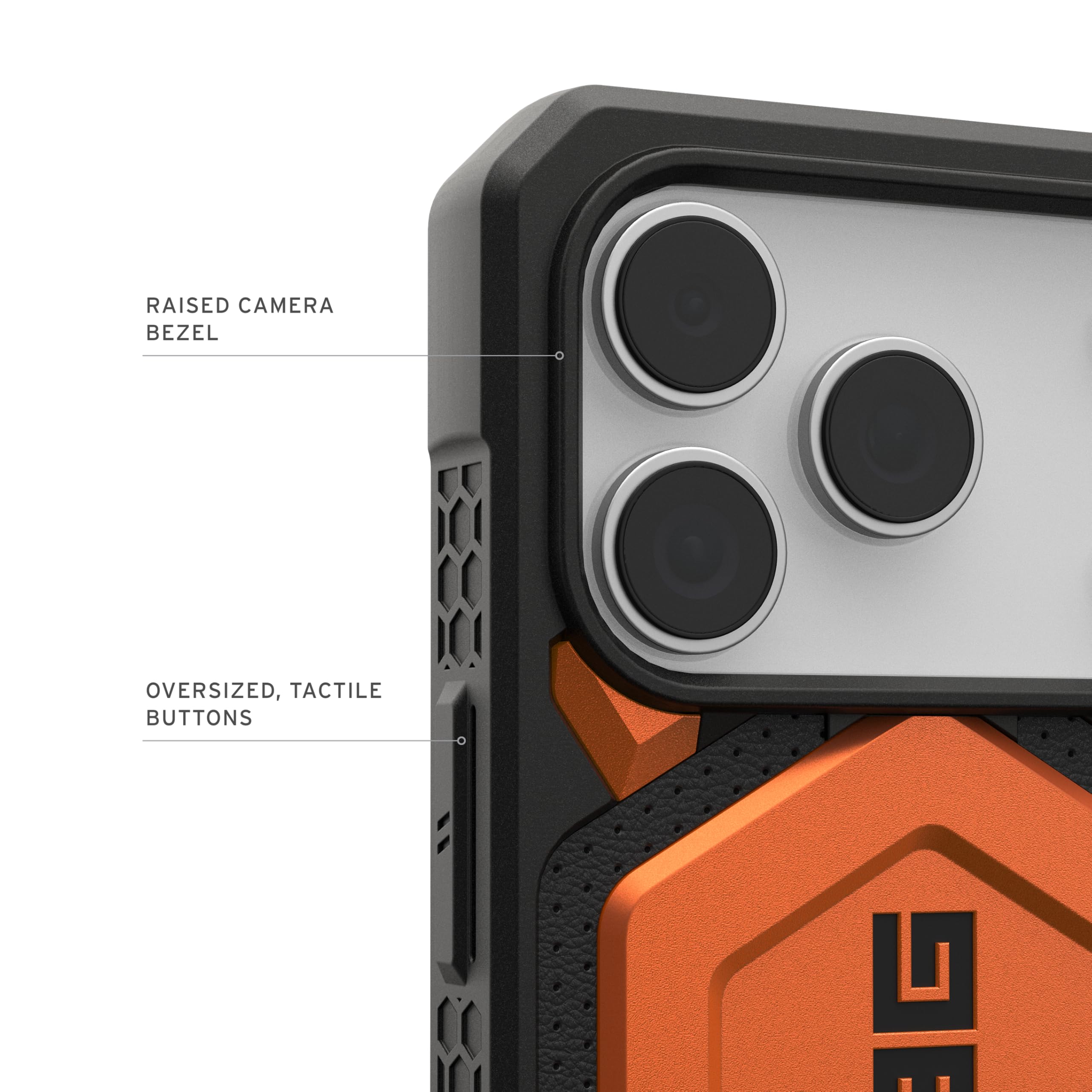 RAISED CAMERA BEZEL  
OVERSIZED, TACTILE BUTTONS