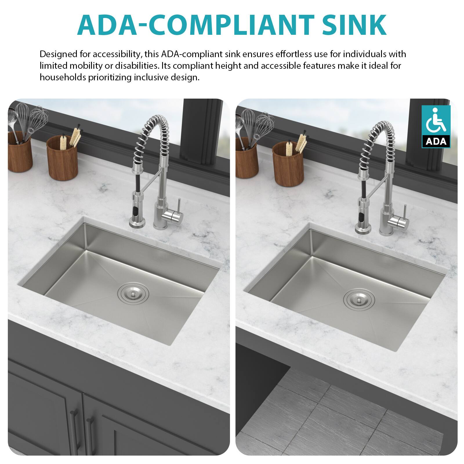 ADA-COMPLIANT SINK

Designed for accessibility, this ADA-compliant sink ensures effortless use for individuals with limited mobility or disabilities. Its compliant height and accessible features make it ideal for households prioritizing inclusive design.