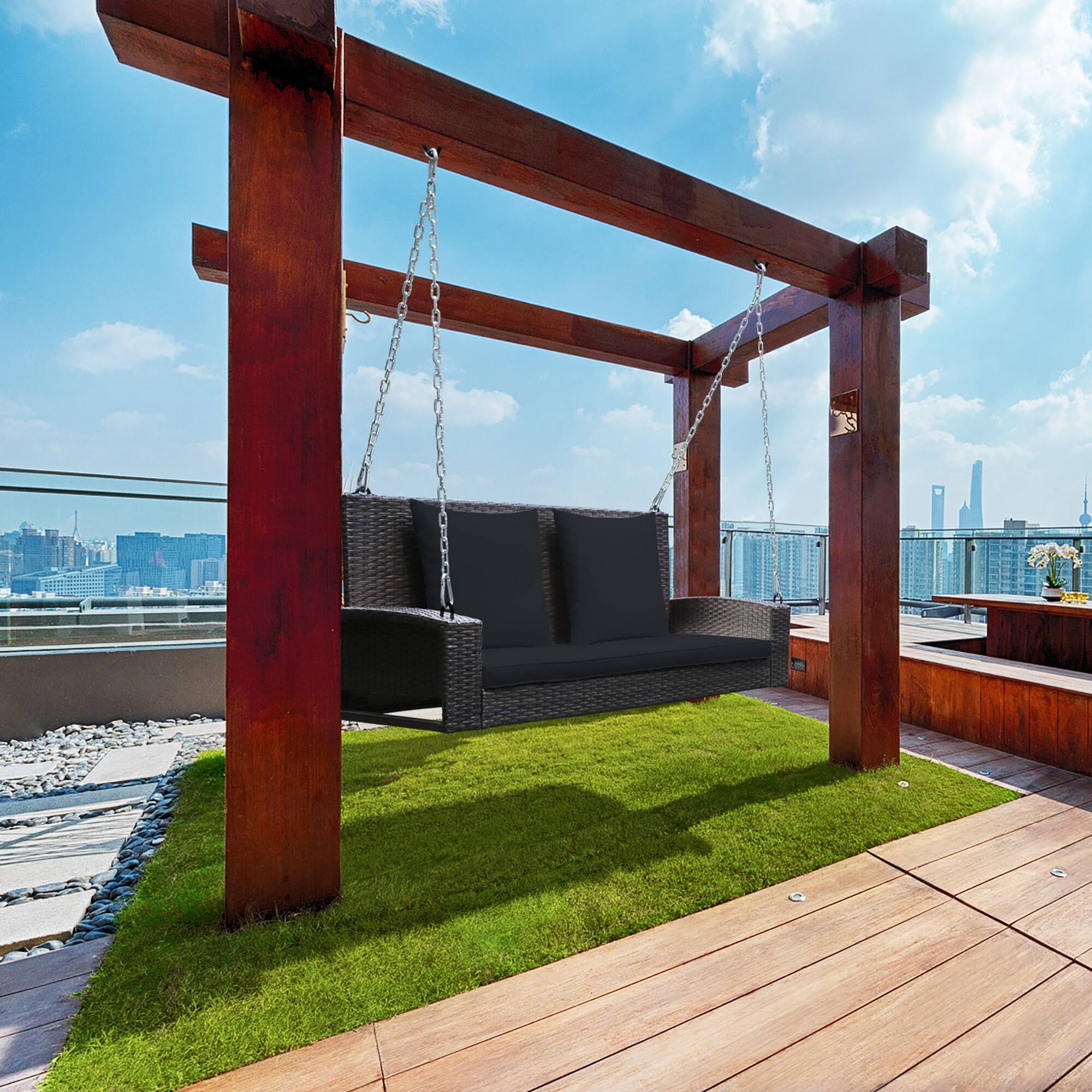 Alt View 2. Costway - Costway 2-Person Patio Rattan Hanging Porch Swing Bench Chair Cushion - Black.