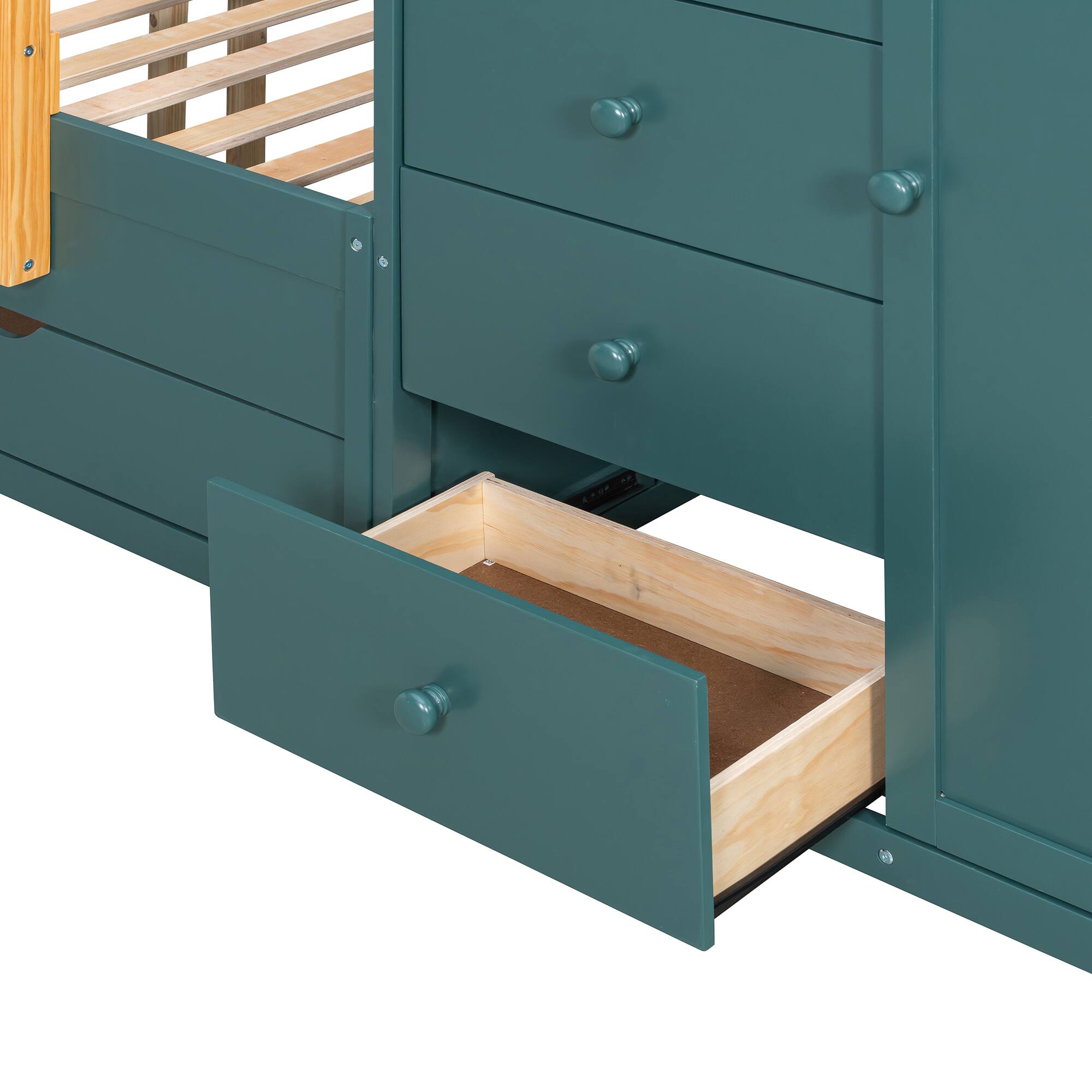 Alt View 4. Anysun - Full Size Bunk Bed with Multiple Drawers & Wardrobe - MDF & Solid Wood Construction, Modern Storage Design - Green.