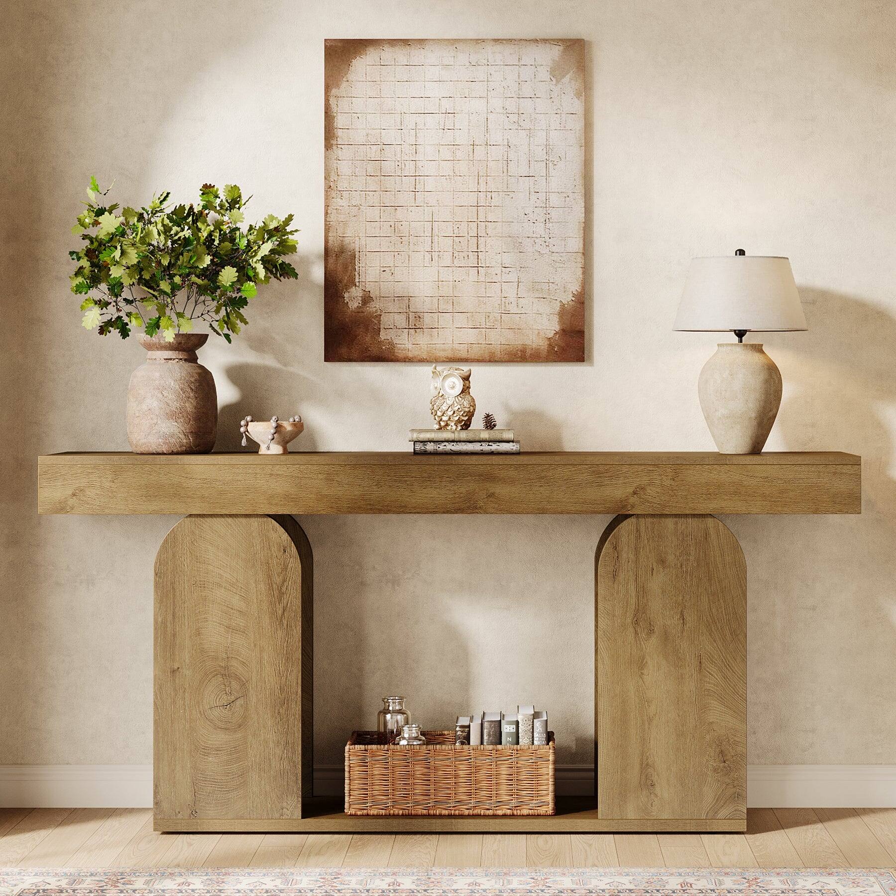 Alt View 2. Tribesigns - Console Table with Engineered Wood Construction and Storage Shelves for Entryway, Hallway and Living Room - Light Brown.