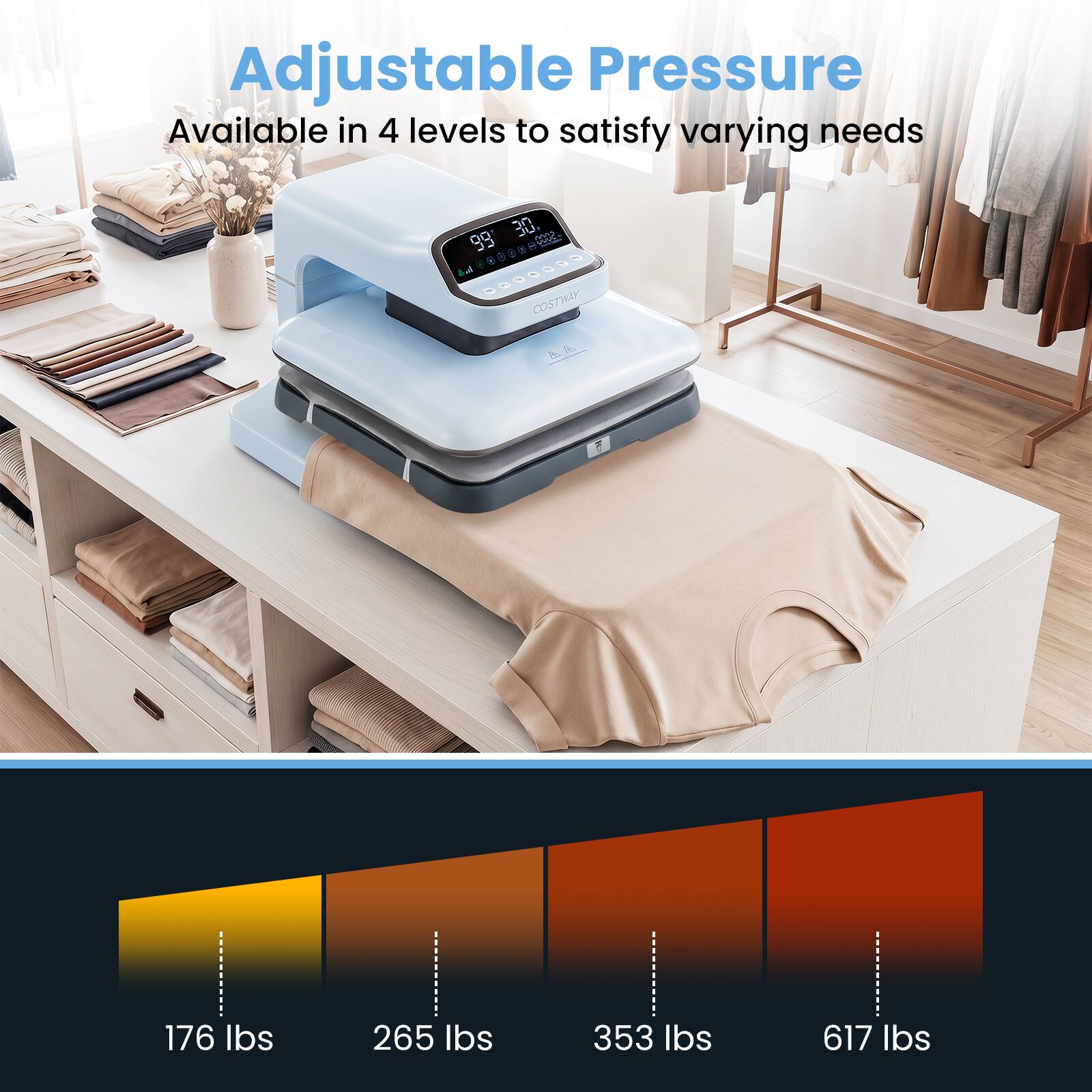 Adjustable Pressure  
Available in 4 levels to satisfy varying needs  

30 000R 98 - n - - h COSTRAY  

176 lbs  
265 lbs  
353 lbs  
617 lbs