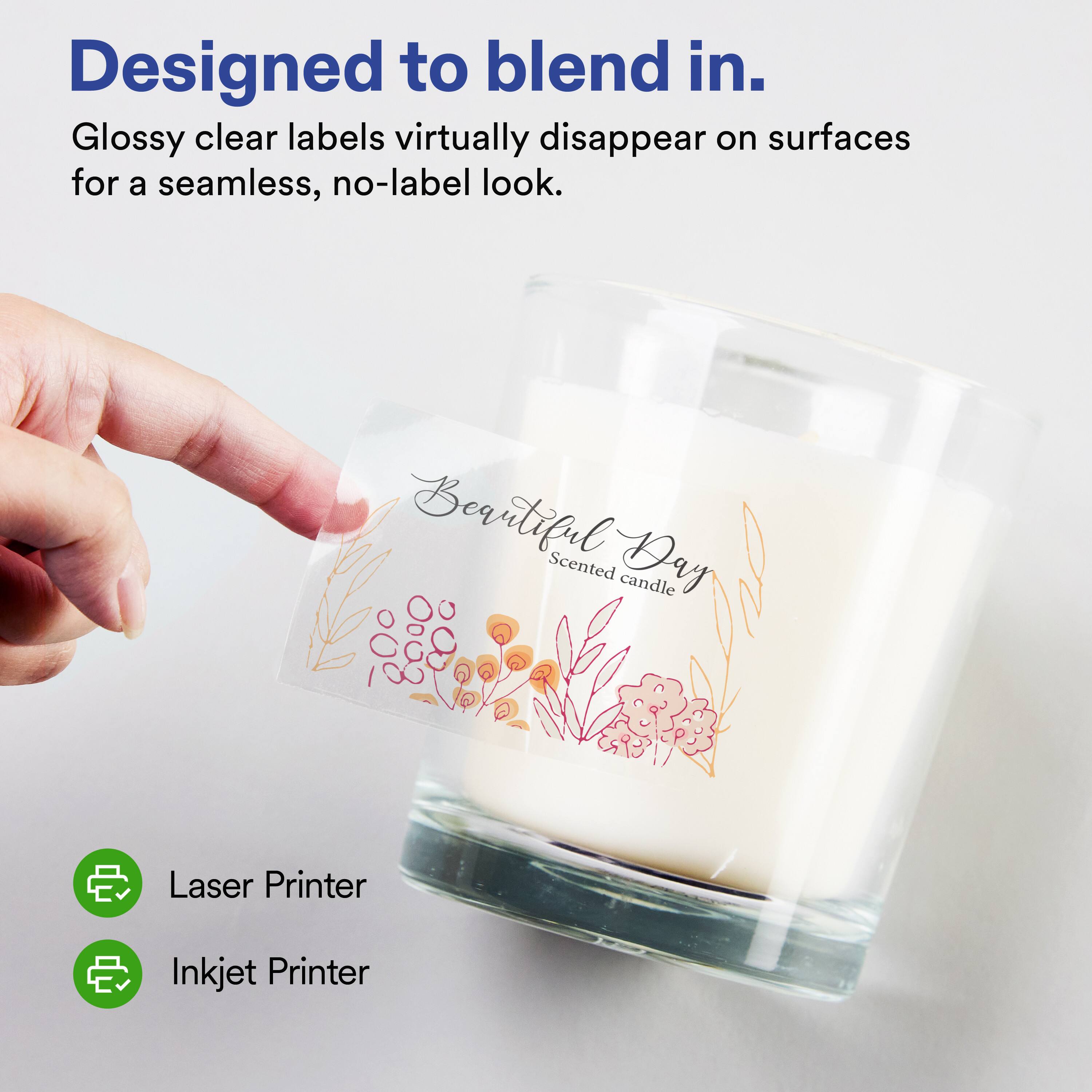 Designed to blend in.  
Glossy clear labels virtually disappear on surfaces for a seamless, no-label look.  

Beautiful Day  
Scented candle  

Laser Printer  
Inkjet Printer