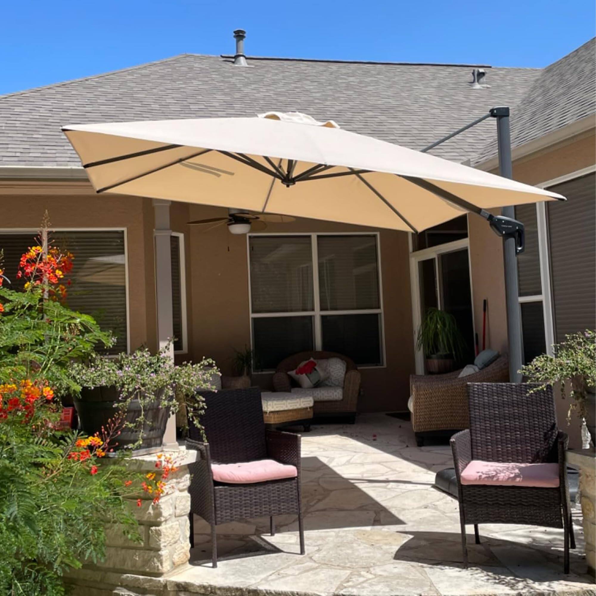 Alt View 1. PURPLE LEAF - 10 ft. Square Aluminum Outdoor Patio Cantilever Umbrella Offset 360° Rotation Umbrella with Base for Garden Deck Pool - Beige.