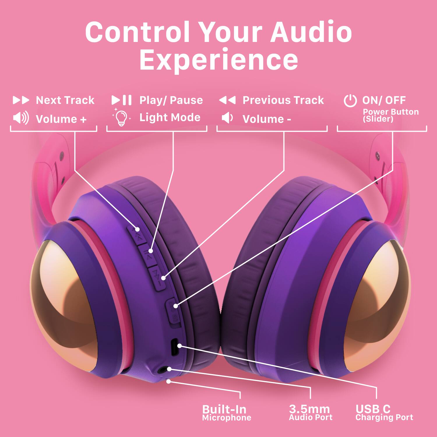 Control Your Audio Experience

Next Track
Play/Pause
Previous Track
ON/OFF Power Button
Volume +
Volume -
Light Mode
Built-In Microphone
3.5mm Audio Port
USB C Charging Port