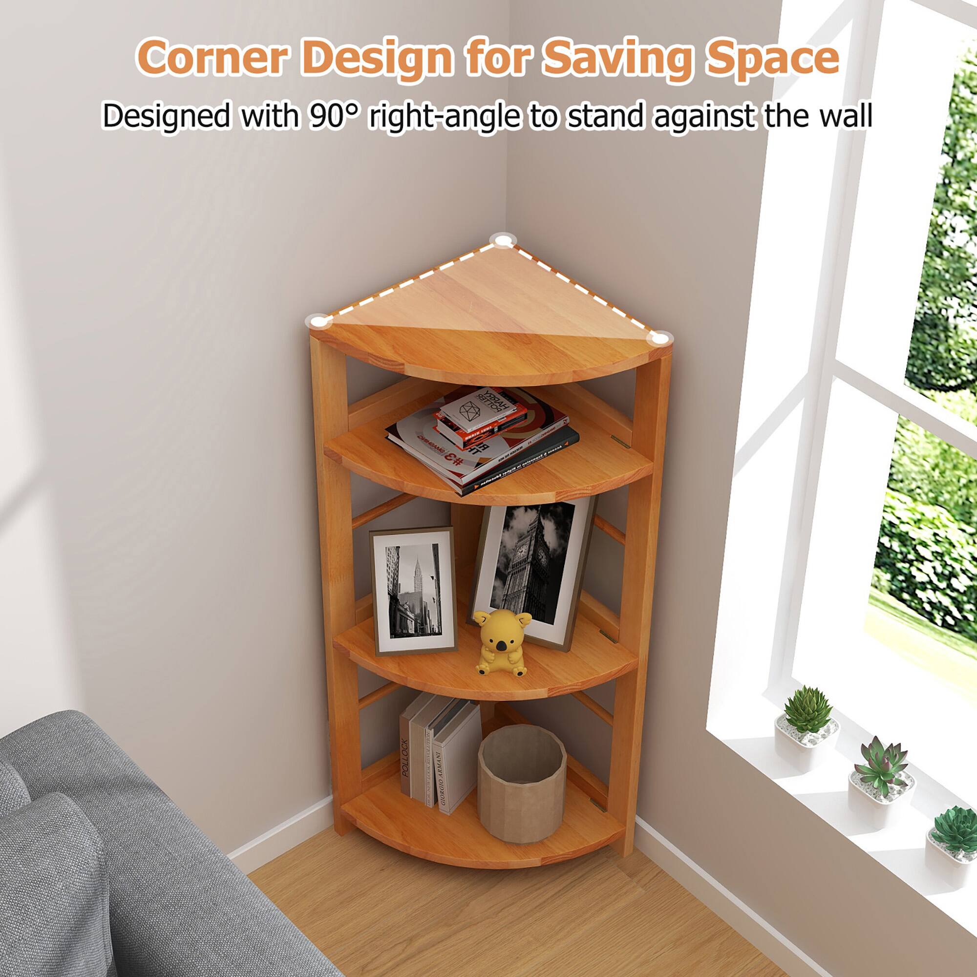 Alt View 7. Gymax - Gymax 2PCS 4-Tier Corner Shelf w/ Rubber Wood Frame Anti-Toppling Kit for Living Room - Natural.