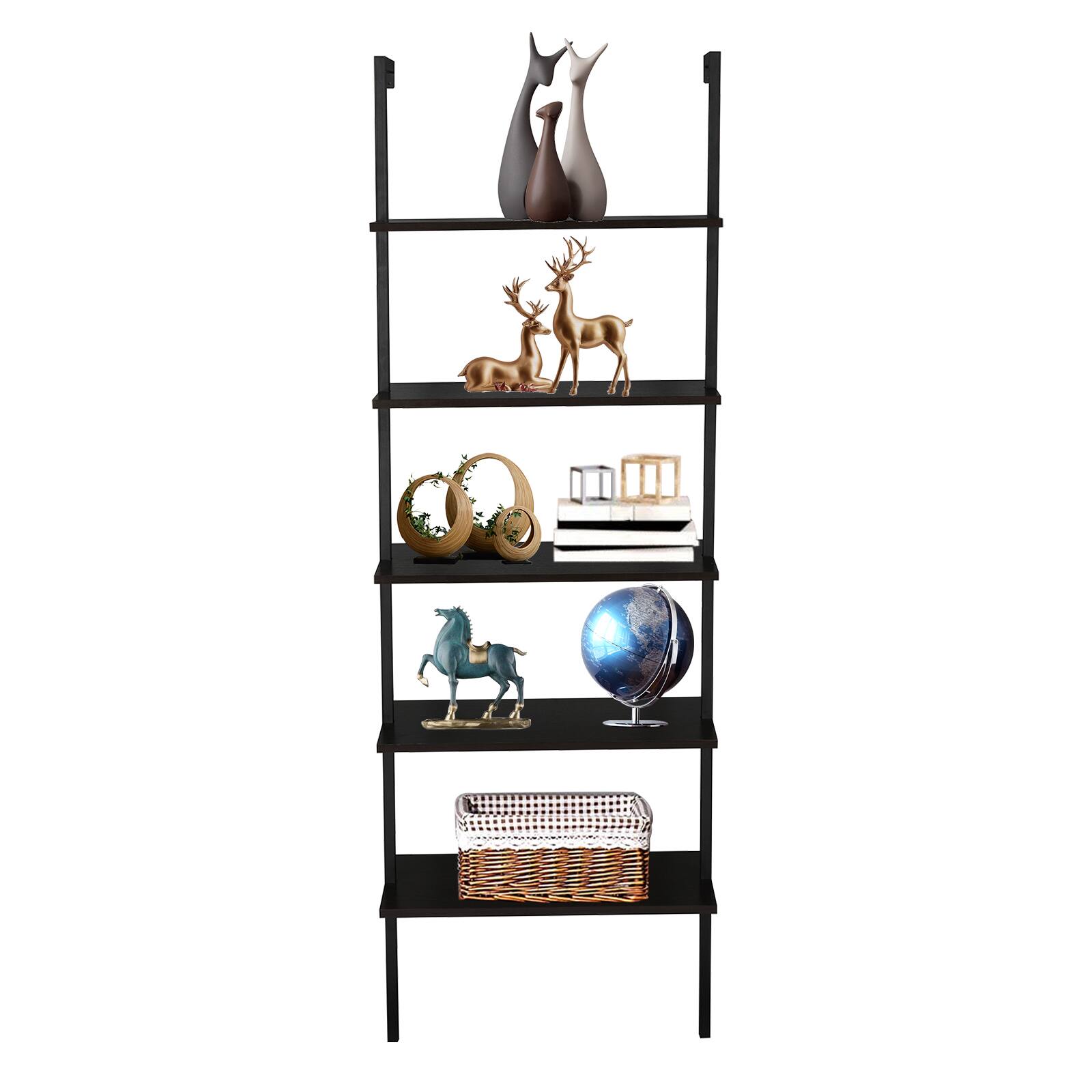 Alt View 6. Winado - 24"L x 12"W x 71"H Tall 5 Tier Modern Bookshelf Wood Board Ladder Bookcase with Metal Frame Industrial Open Storage Unit - Black.