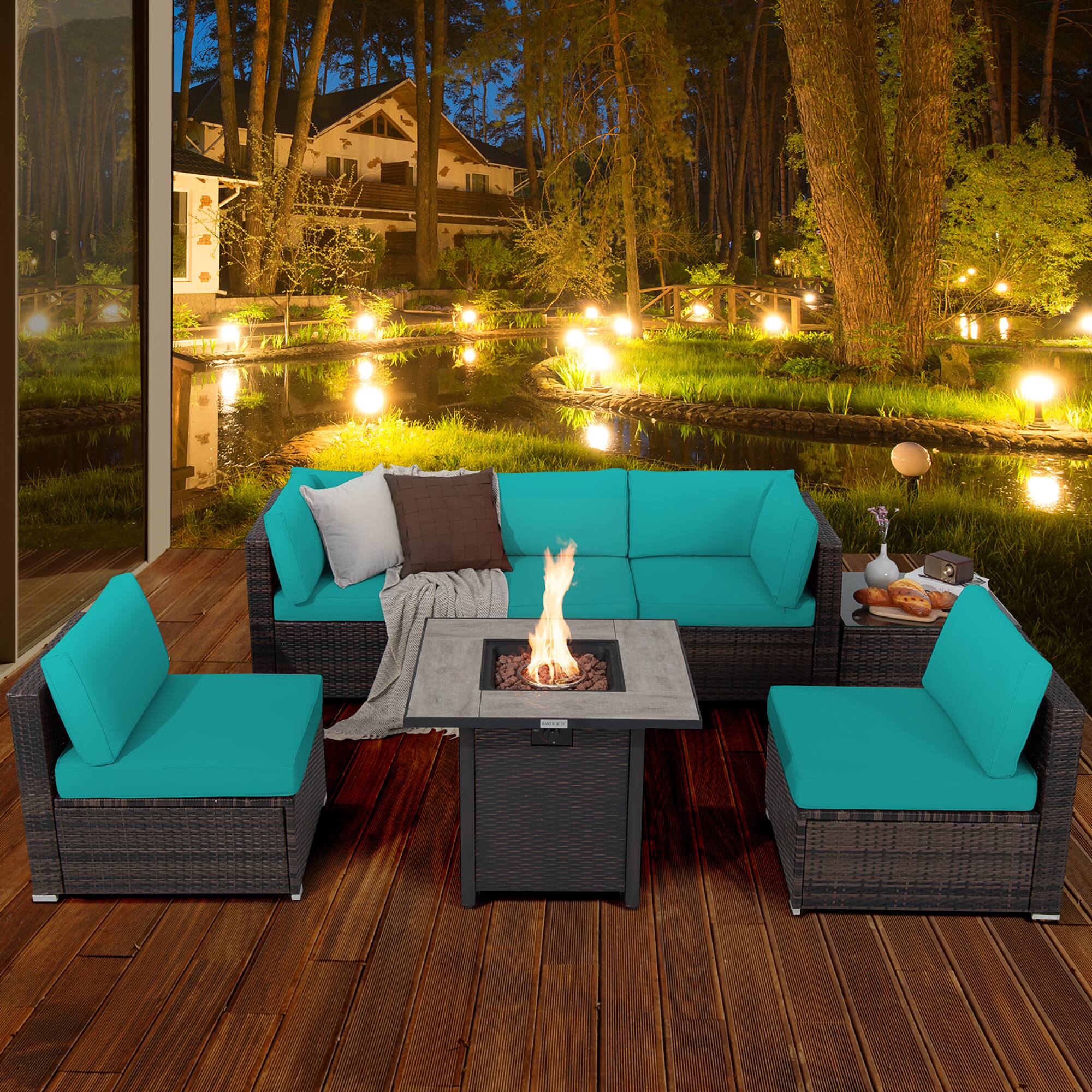 Alt View 2. Costway - Costway 7PCS Patio Rattan Furniture Set 30" Fire Pit Table Cover Cushion Sofa - Turquoise.