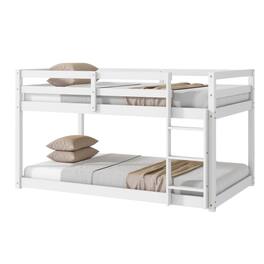 Ecooso - Solid Wooden, Solid Rubber Wooden Twin over Twin Floor Bunk Bed with Ladder, with Bed Platform of Strengthened Slats - White