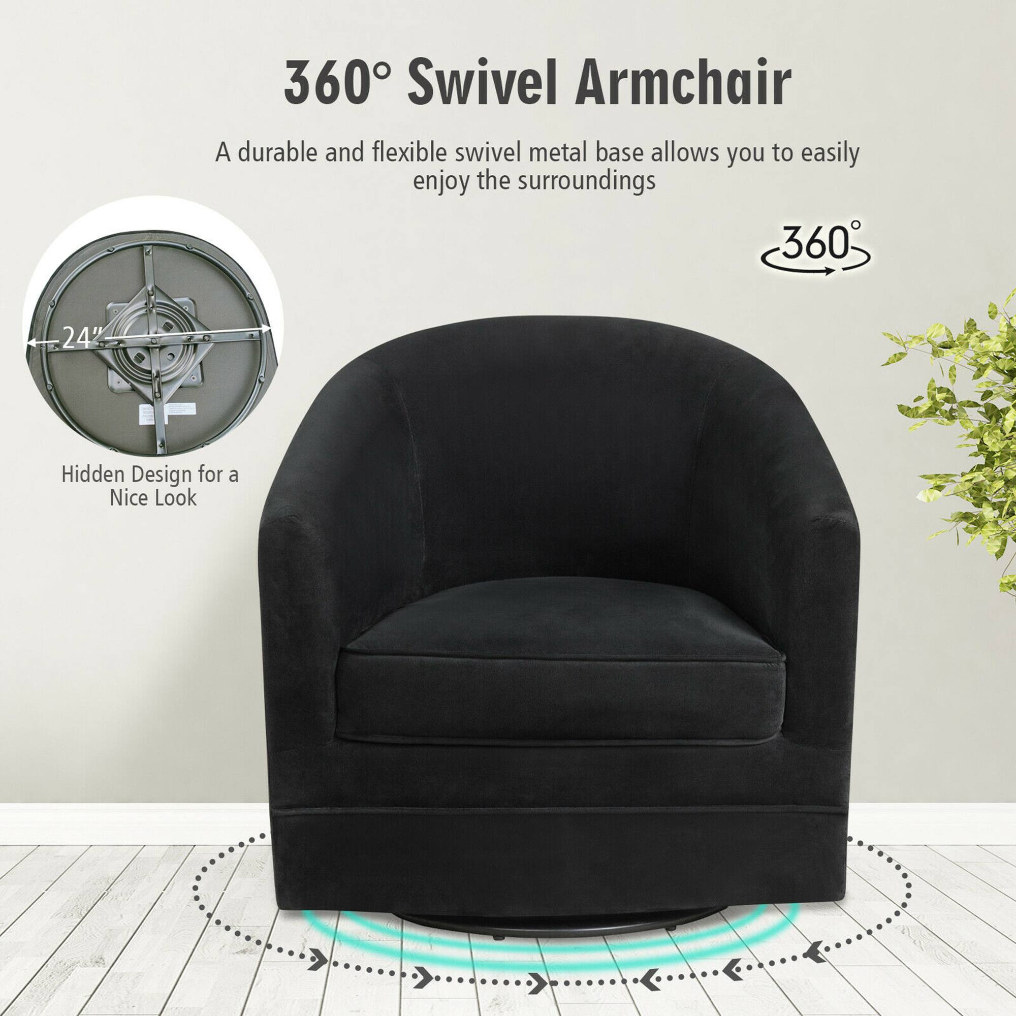 The image features a black chair with a swivel base, which allows for easy movement and enjoyment of the surroundings. The chair has a hidden design, giving it a stylish and modern appearance. The chair is described as a 360 Swivel Armchair, which implies that it can rotate in all directions, providing a comfortable and versatile seating option.