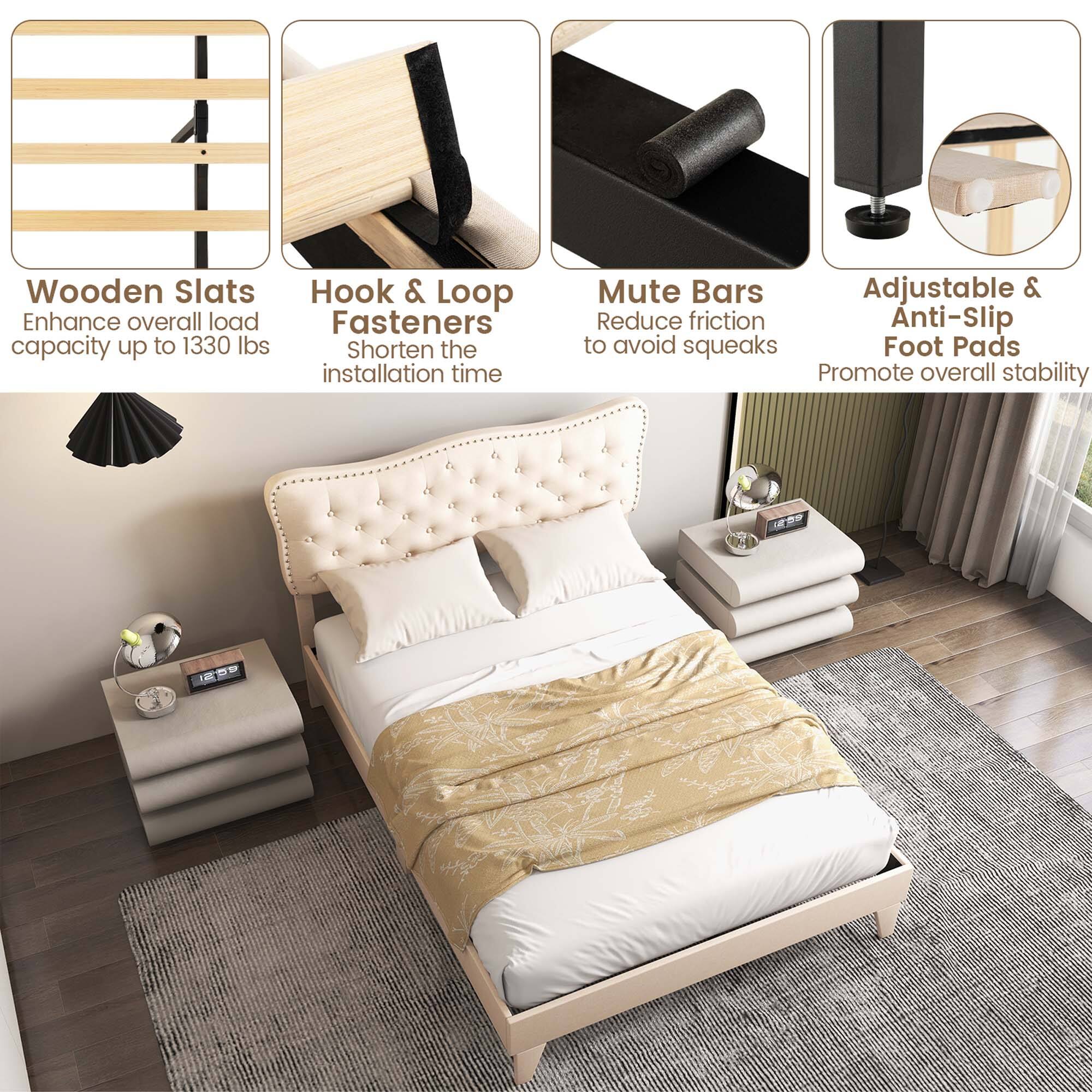 Alt View 8. Costway - Costway Queen Upholstered Platform Bed Frame Button-Tufted Headboard Mattress Foundation - Beige.