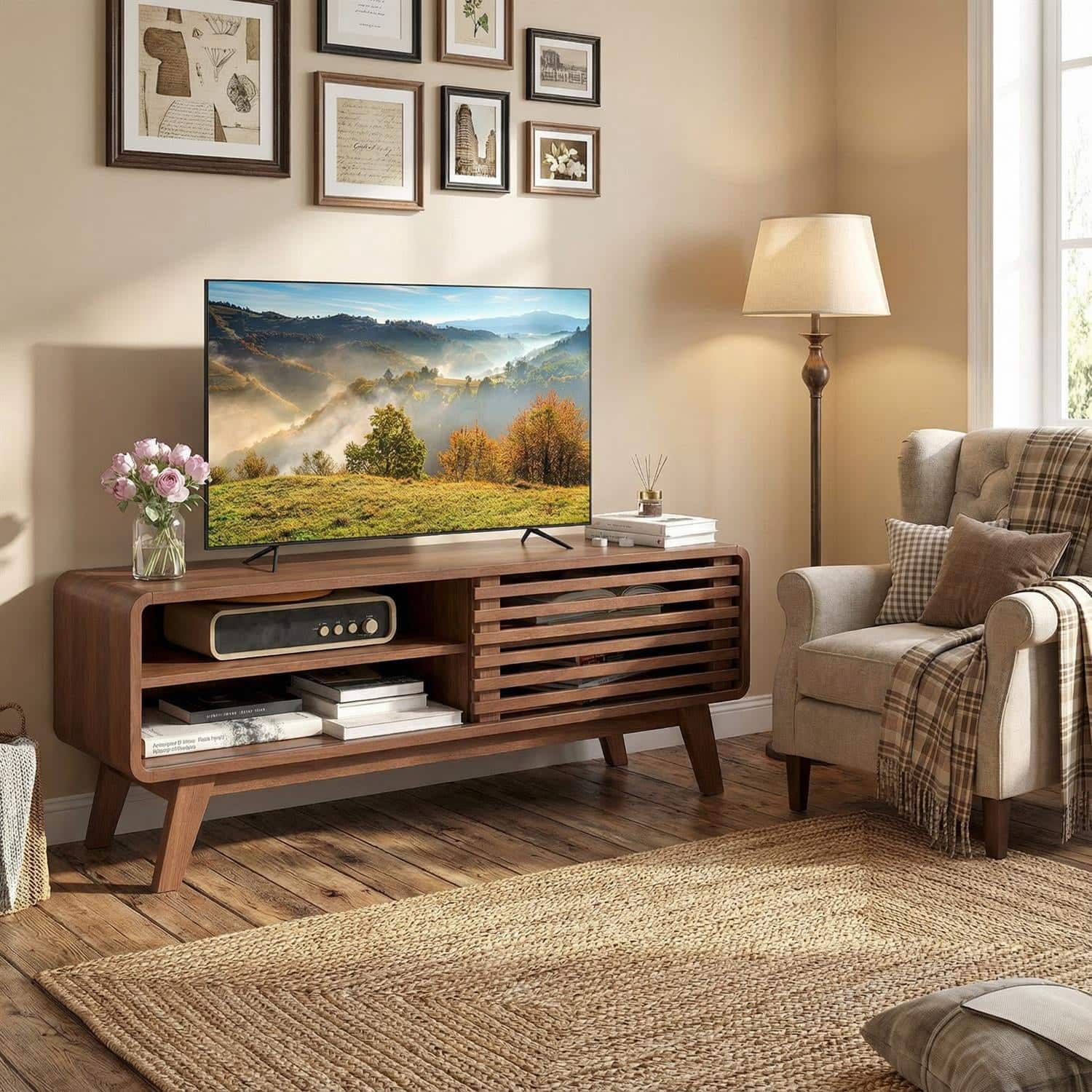 Pefilos - TV for TVs up to 55" with Sliding Door Adjustable Shelves, Compact Wooden Entertainment Bedroom Small Living Room - Brown