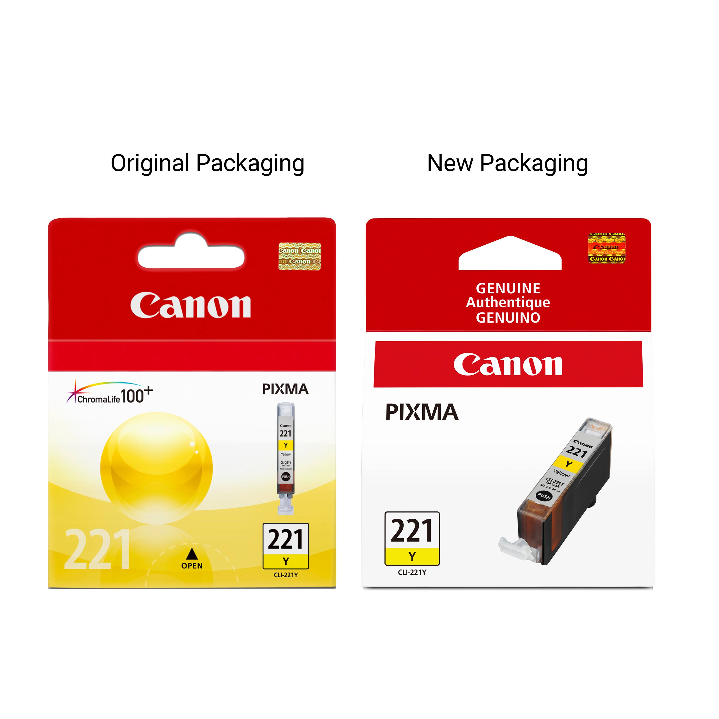 Original Packaging
New Packaging
Canon
Canon ME Canon 2
Canon CANOT
GENUINE Authentique GENUINO
ChromaLife 100+ 221
OPEN
PIXMA Comm 221 Y The DON -- - 221 Y CLI-221Y
Canon PIXMA CWOOD 221 Y Yellow - - CLI-2018 PUSH 221 Y CLI-221Y