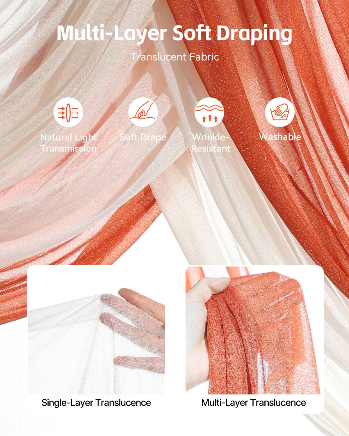 Multi-Layer Soft Draping  
Translucent Fabric  
Natural Light Transmission  
Soft Drape  
Wrinkle-Resistant  
Washable  
Single-Layer Translucence  
Multi-Layer Translucence