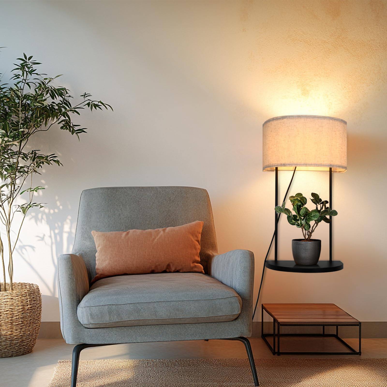 Alt View 2. TECH SAFARI - Plug In Wall Sconce With Shelf Modern Lamp For Bedroom And Living Room Linen Fabric Shade Light Ideal Bedsi - Beige.