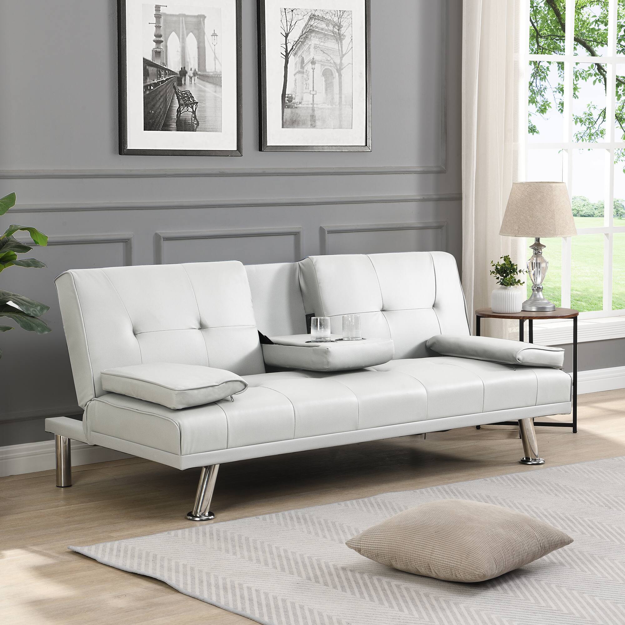 Angle. Tiramisubest - Modern Sofa Bed with Armrest Two Holders, PVC Upholstery, Wood Frame, Stainless Steel Legs, White - White.