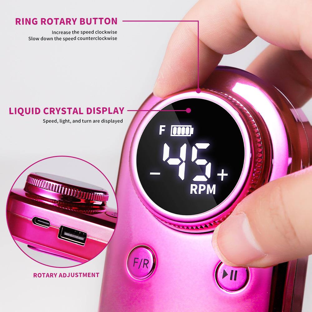 RING ROTARY BUTTON  
Increase the speed clockwise  
Slow down the speed counterclockwise  

LIQUID CRYSTAL DISPLAY  
Speed, light, and turn are displayed  

F 45 + RPM  

ROTARY ADJUSTMENT  
F/R