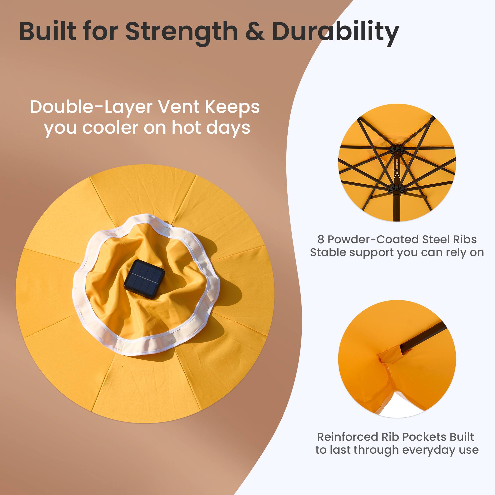 Built for Strength & Durability

Double-Layer Vent Keeps you cooler on hot days

8 Powder-Coated Steel Ribs
Stable support you can rely on

Reinforced Rib Pockets
Built to last through everyday use