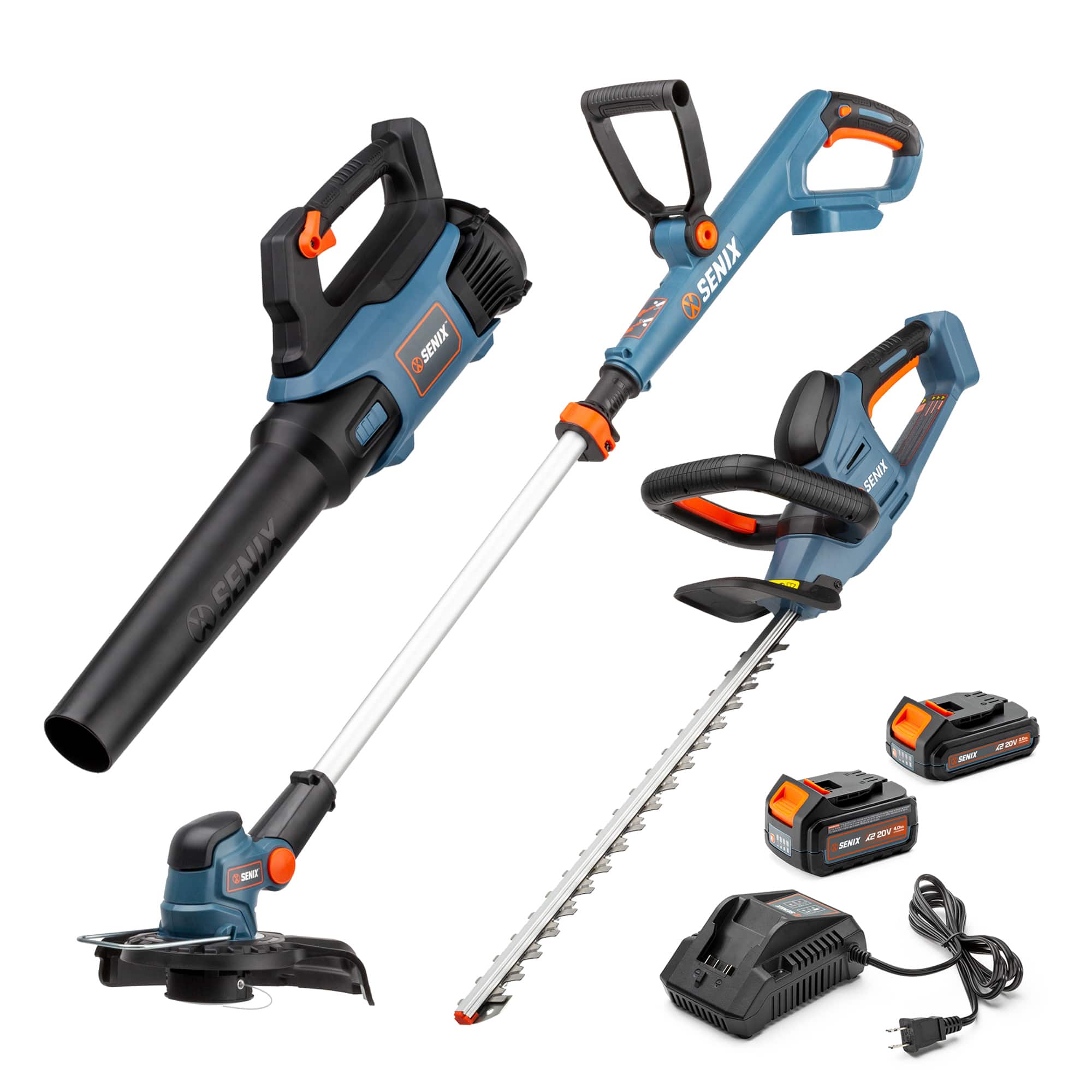 SENIX - X2 20V Max* Cordless Combo Kit, String Trimmer, Leaf Blower & Hedge Trimmer (2.0Ah, 4.0Ah Batteries, & Charger Included) - Blue