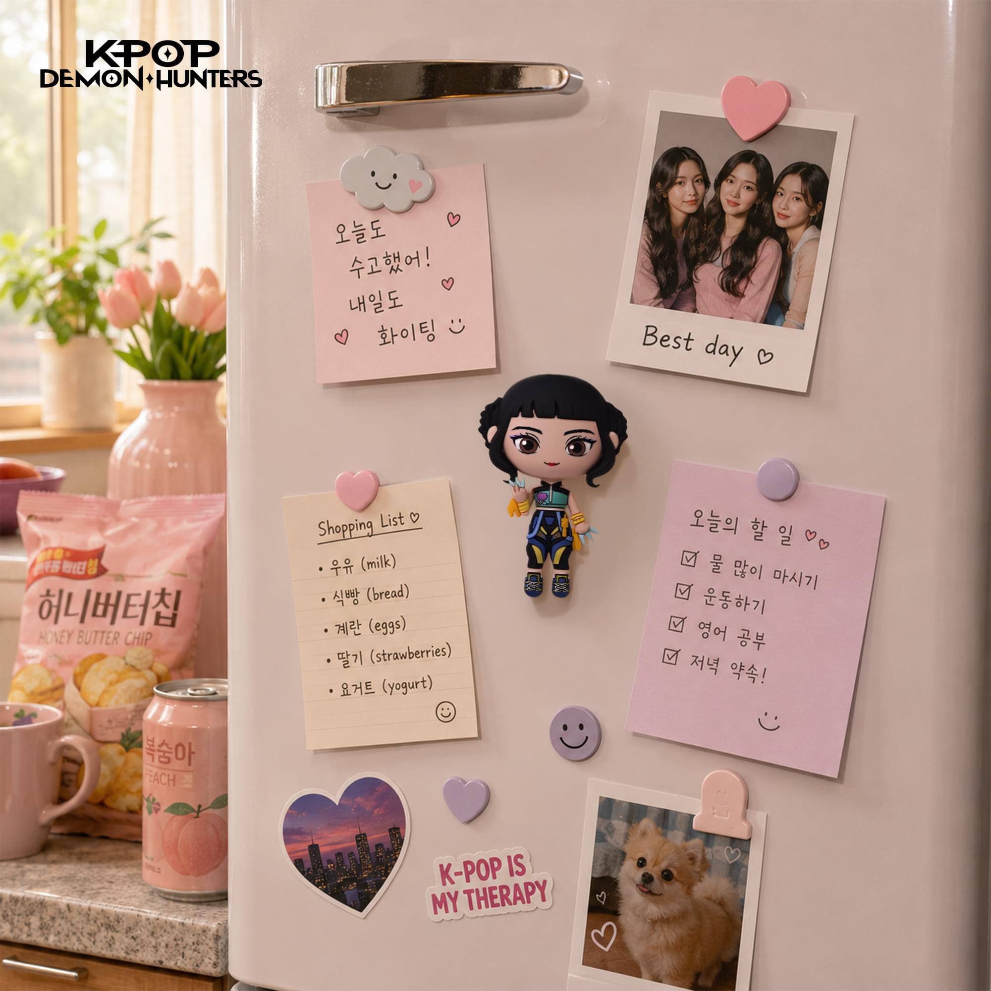 KPOP DEMON HUNTERS

Best day

HONEY BUTTER CHIP

Shopping List
- Milk
- Bread
- Eggs
- Strawberries
- Yogurt

K-POP IS MY THERAPY