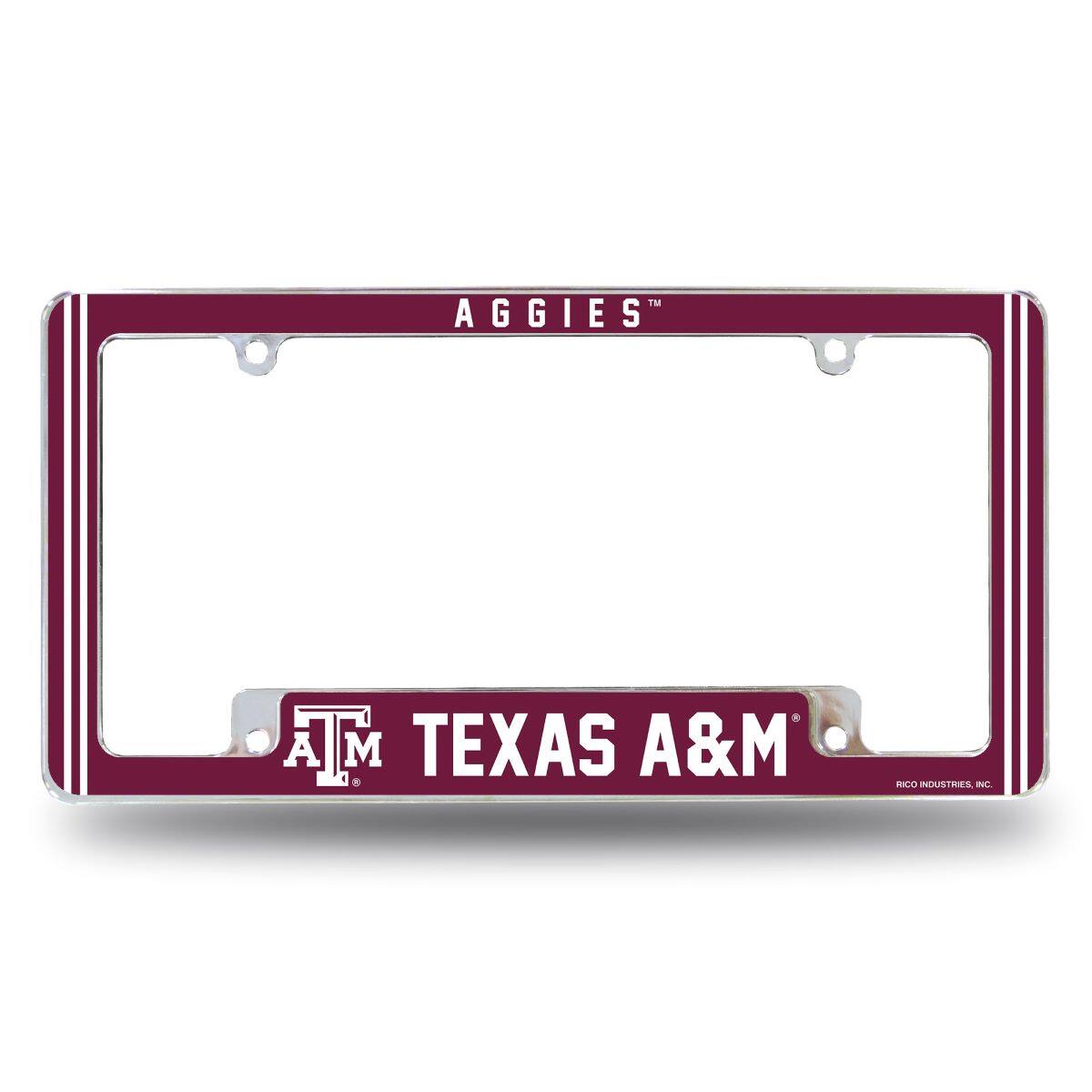 Texas A&M Aggies Chrome Metal License Plate Frame with Full Frame Team Color Graphics