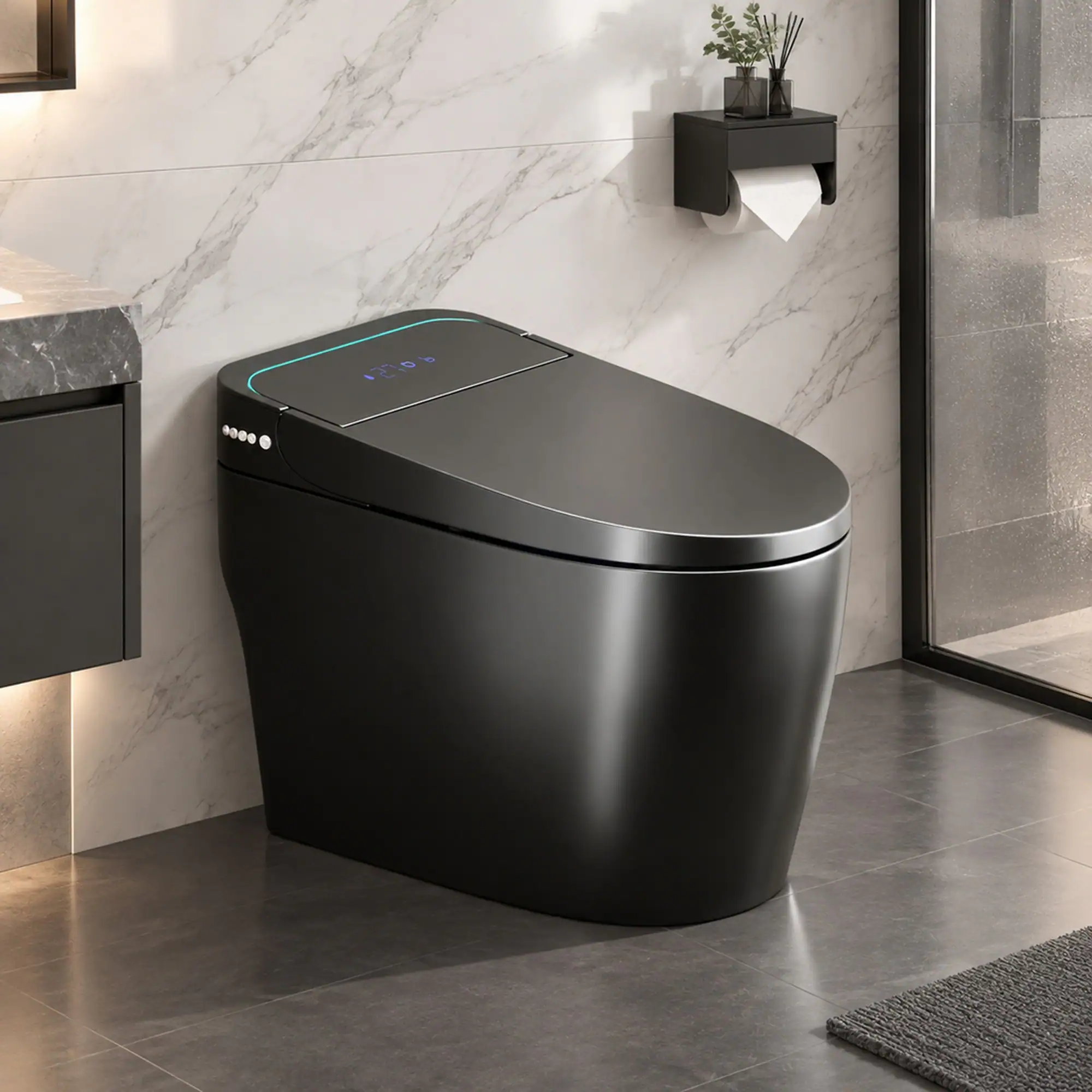 Alt View 1. RYHNUYNE - Unique One Piece Smart Bidet Toilet, Auto Open Close Seat Warm Water Dryer For Modern Bathroom In Deep Black - Black.