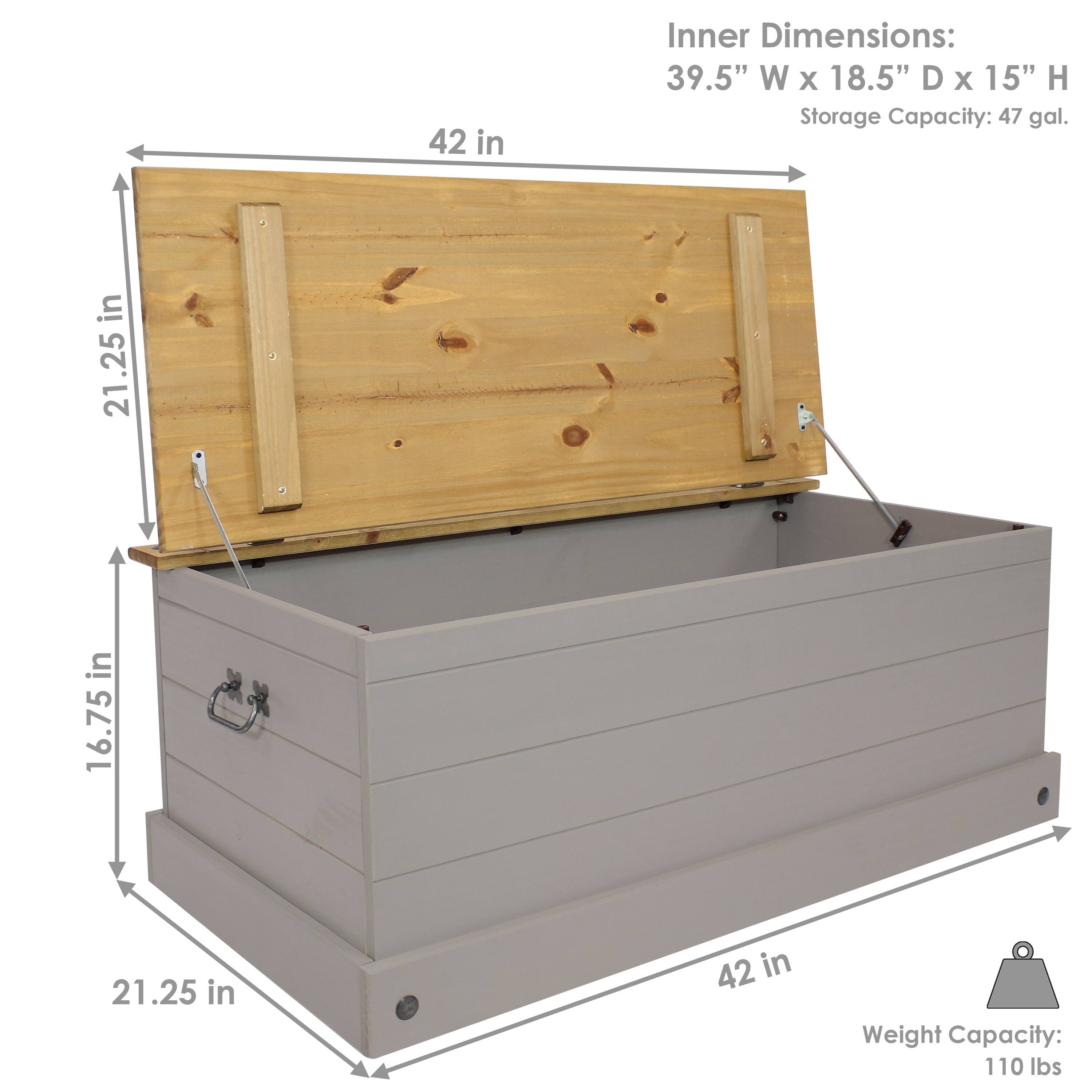 Inner Dimensions: 39.5" W x 18.5" D x 15" H  
Storage Capacity: 47 gal.  
Weight Capacity: 110 lbs