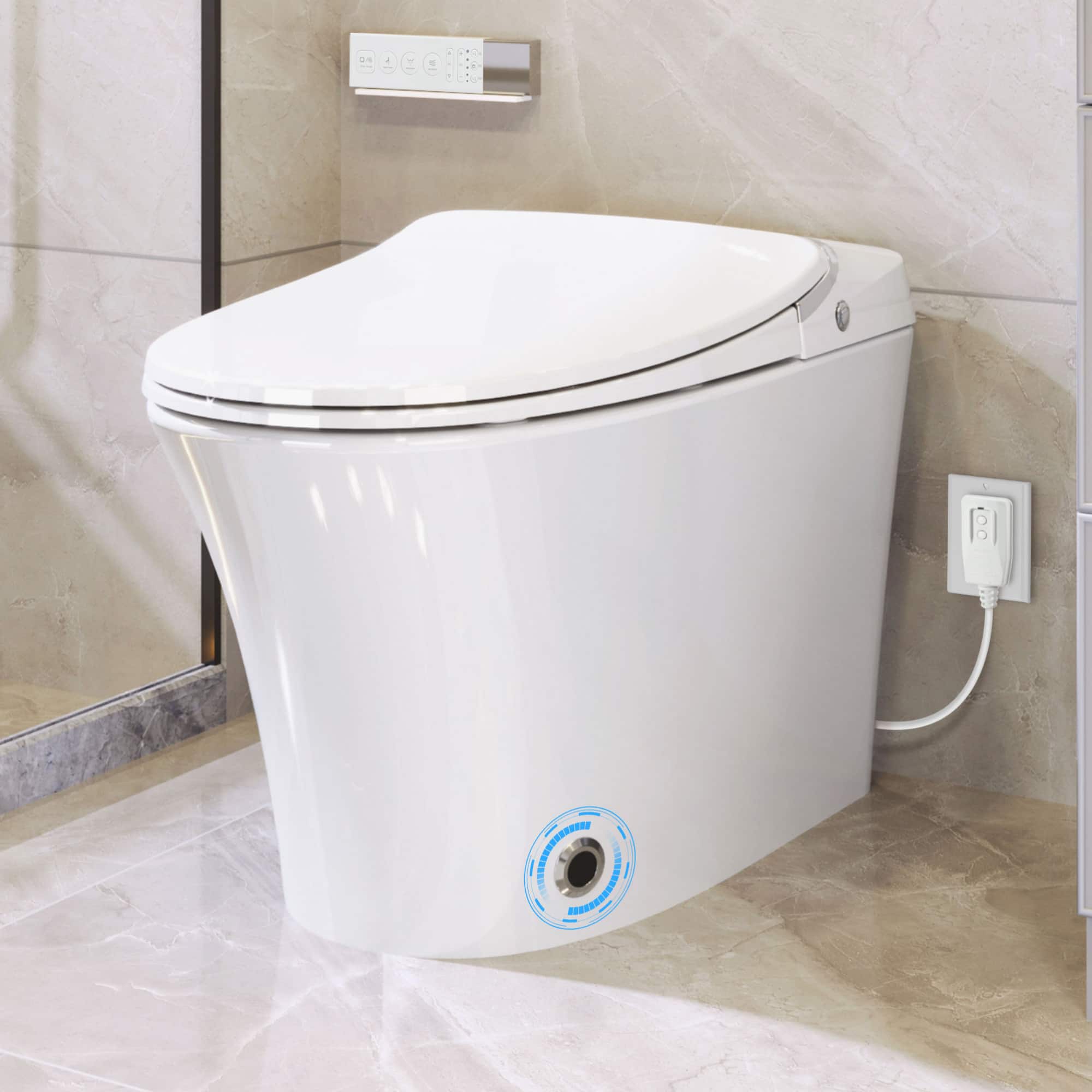 ELEMENT ACE - Premium Smart Bidet Toilet with Warm Air Dryer, Heated Seat, Remote Control, LED Night Light, and Power Outage Flushing - White