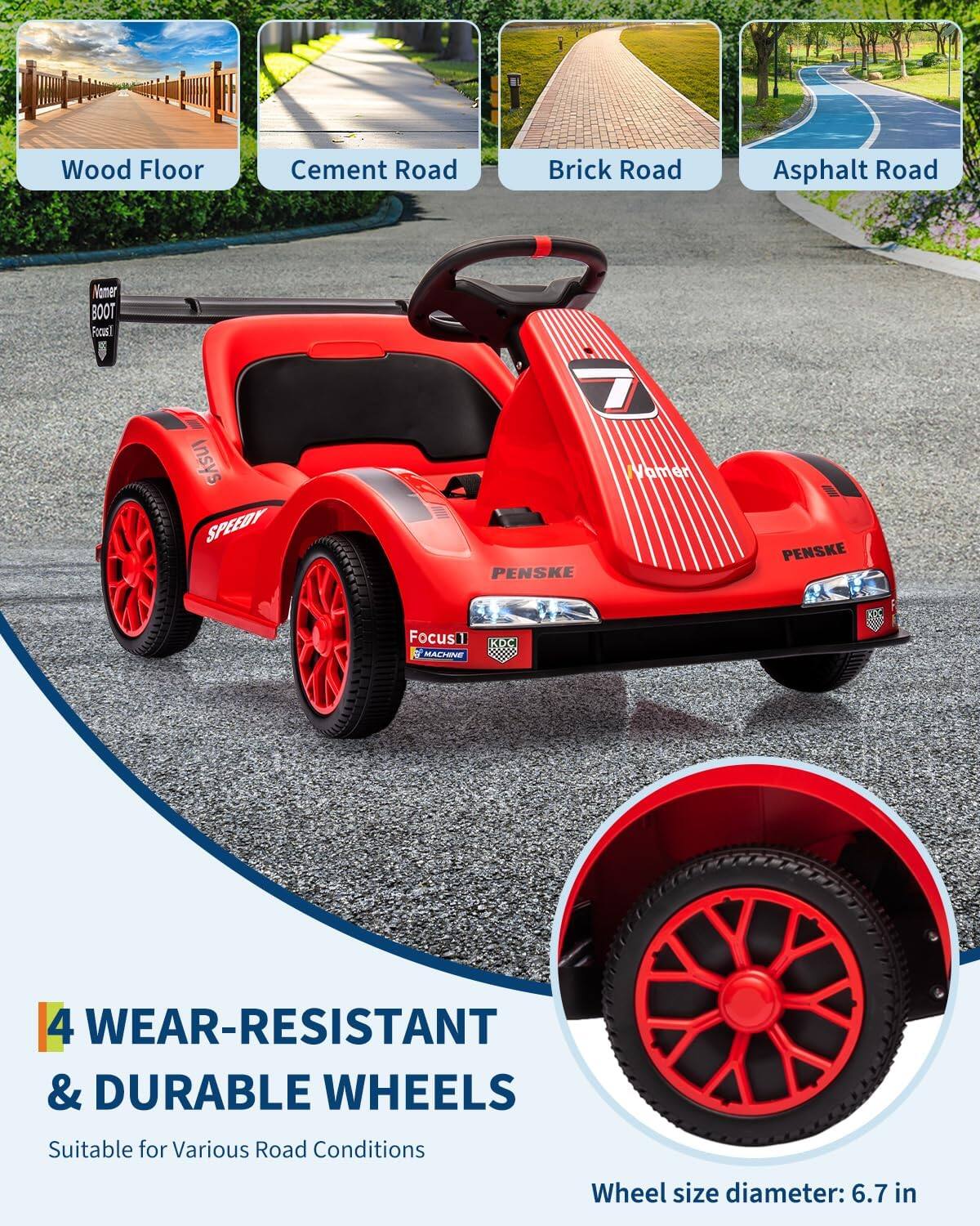 Wood Floor  
Cement Road  
Brick Road  
Asphalt Road  

Vomer BOOT  
Pocarl  
Insys  
SPEEDY  
Vamen  
PENSKE  
PENSKE  
Focus II  
MACHINE  

4 WEAR-RESISTANT & DURABLE WHEELS  
Suitable for Various Road Conditions  

Wheel size diameter: 6.7 in