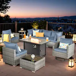 Ovios - 9 PCS Patio Furniture Sofa Set with 42" Fire Pit Table & Coffee Table for Porch Balcony - Denim Blue