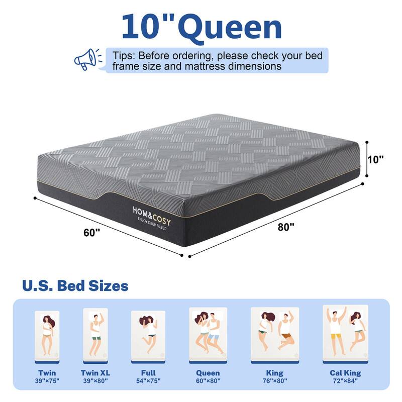 **Queen Tips:** Before ordering, please check your bed frame size and mattress dimensions.

**10" Queen**

**U.S. Bed Sizes:**
- Twin: 39"x75"
- Twin XL: 39"x80"
- Full: 54"x75"
- Queen: 60"x80"
- King: 76"x80"
- Cal King: 72"x84"