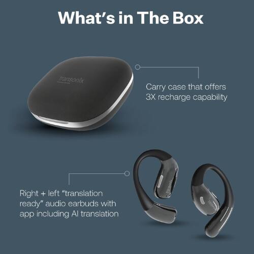 What's in The Box

- Carry case that offers 3X recharge capability
- Right + left "translation ready" audio earbuds with app including AI translation