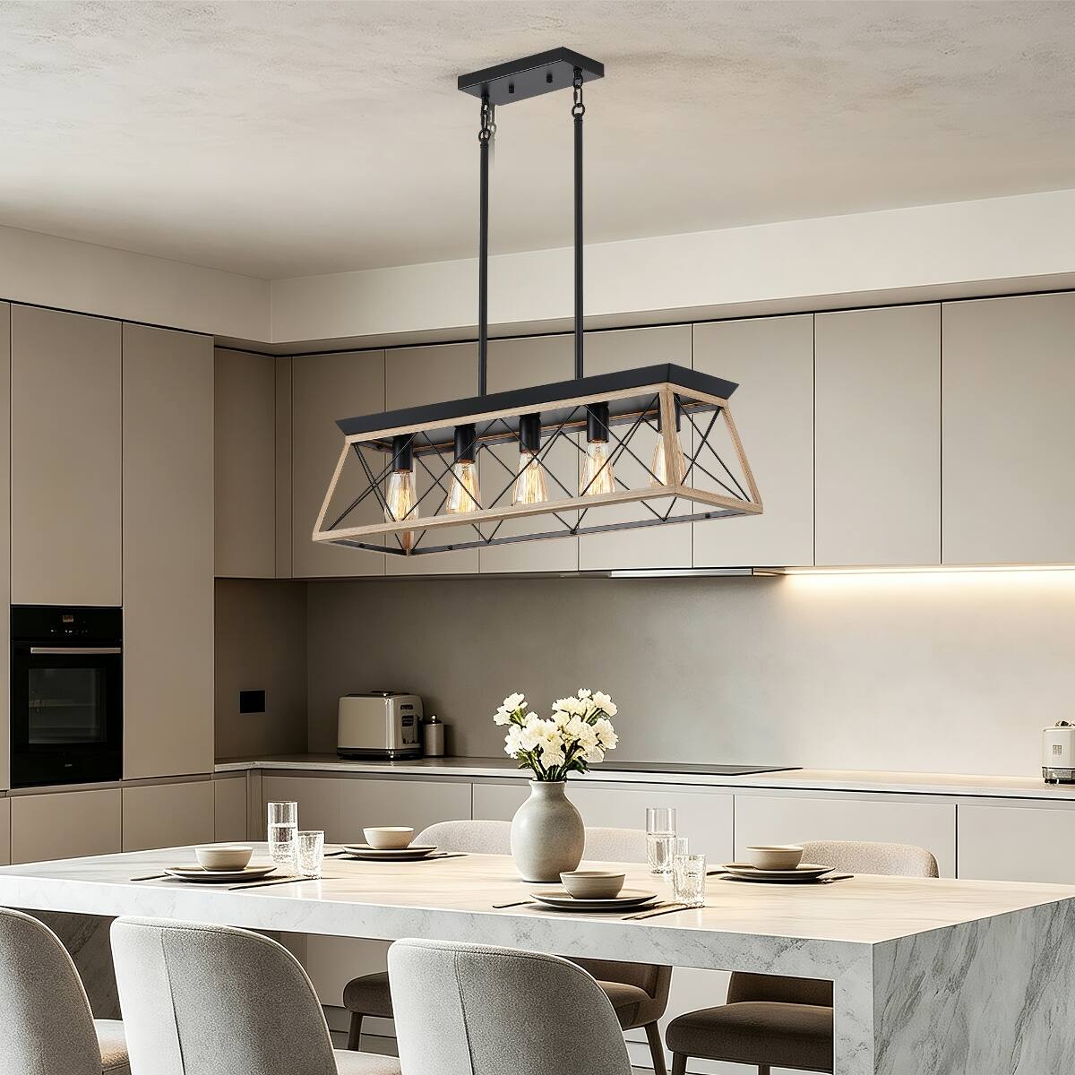 Angle. Loheer - Loheer 5 Light Farmhouse Chandelier Rustic Wood and Metal Rectangular Dining Room Pendant.