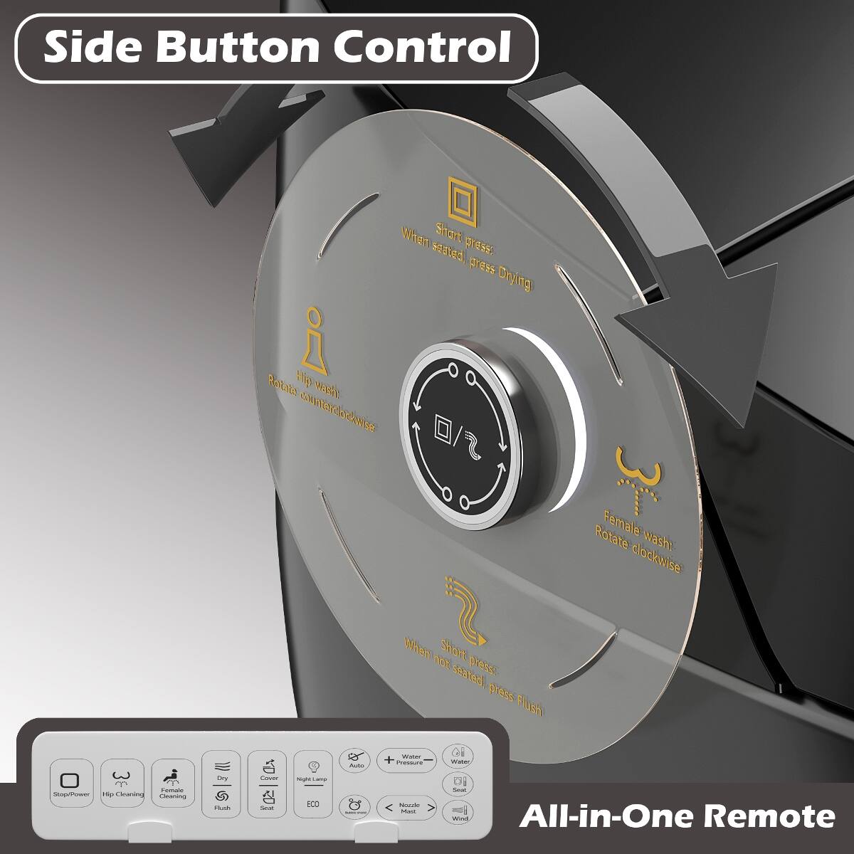 Side Button Control

When Short press: seated, Drying
Rotate Hip wash: counterclockwise
Rotate Female wash: clockwise
When not Short press: seated, press Flush

Auto
Water + Pressure
bi Water
m Female Stop/Power Hip Cleaning Drying
Dry Flush
Cover Seat
Night Lampi ECO
Nozzle < Mant
Smat Wind All-in-One Remote