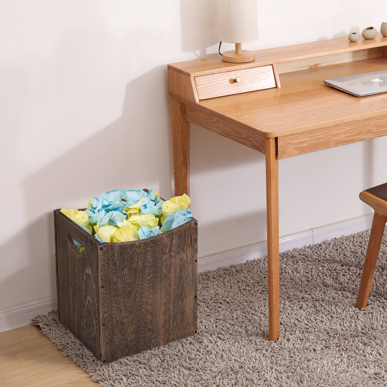 Alt View 2. Oumilen - Burnt Wood Waste Basket, Rustic Wooden Trash Can with Carry Cutout Handles for Home & Office.