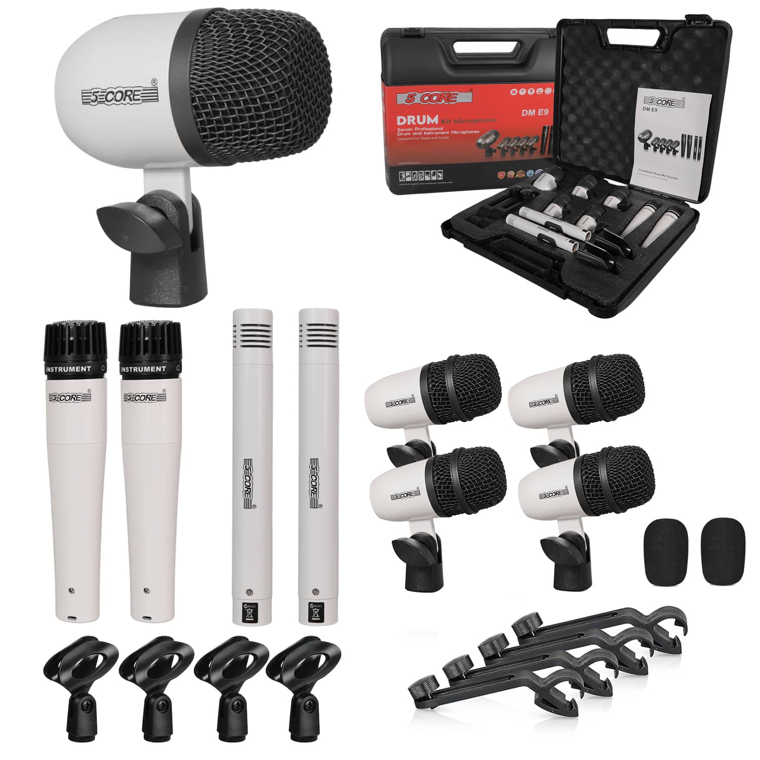 5 CORE - Drum Microphone Kit 9Pc All Metal Drummer Mics Tom/Snare & Cymbals Wired Instrument Drums Set