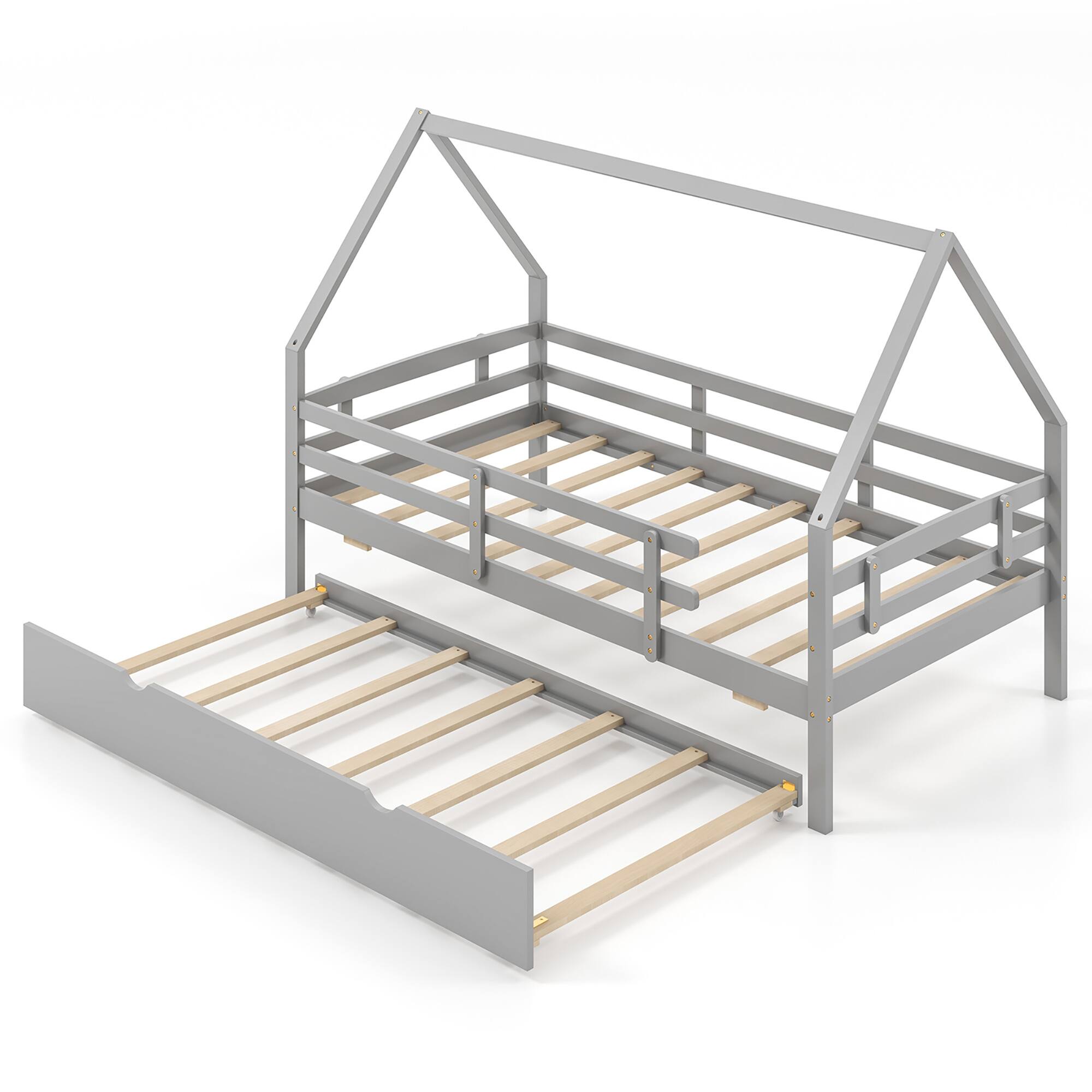Alt View 1. Gymax - Gymax Twin Size House Bed w/ Trundle Wooden Kids Bed w/ Safety Rails & Decorable Roof Gray - Gray.
