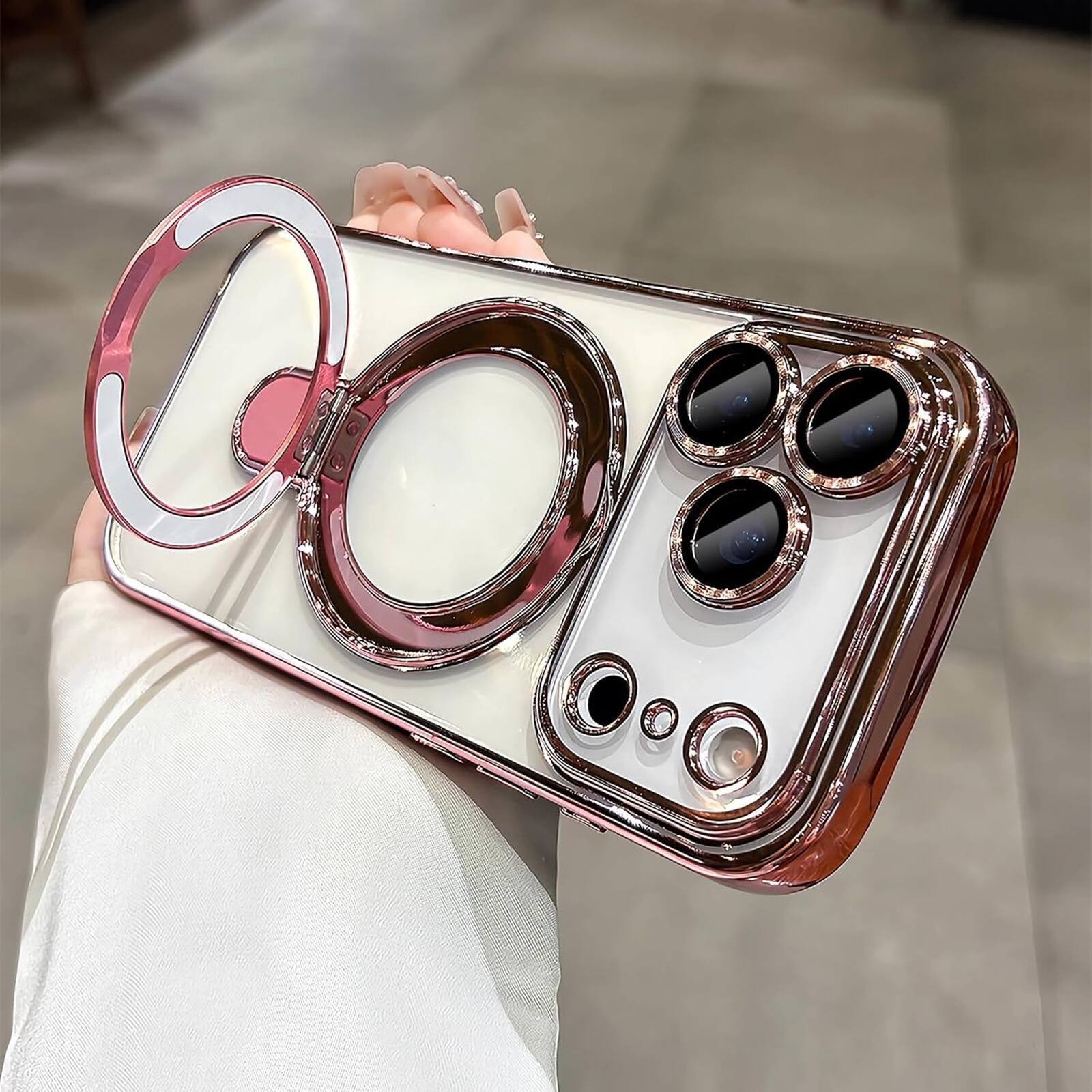 Angle. UUCOVER - Magnetic Case for Apple iPhone 18 Pro,Shockproof TPU+PC Clear Case Ring Stand Compatible with MagSafe Camera Lens Cover - Rosegold.