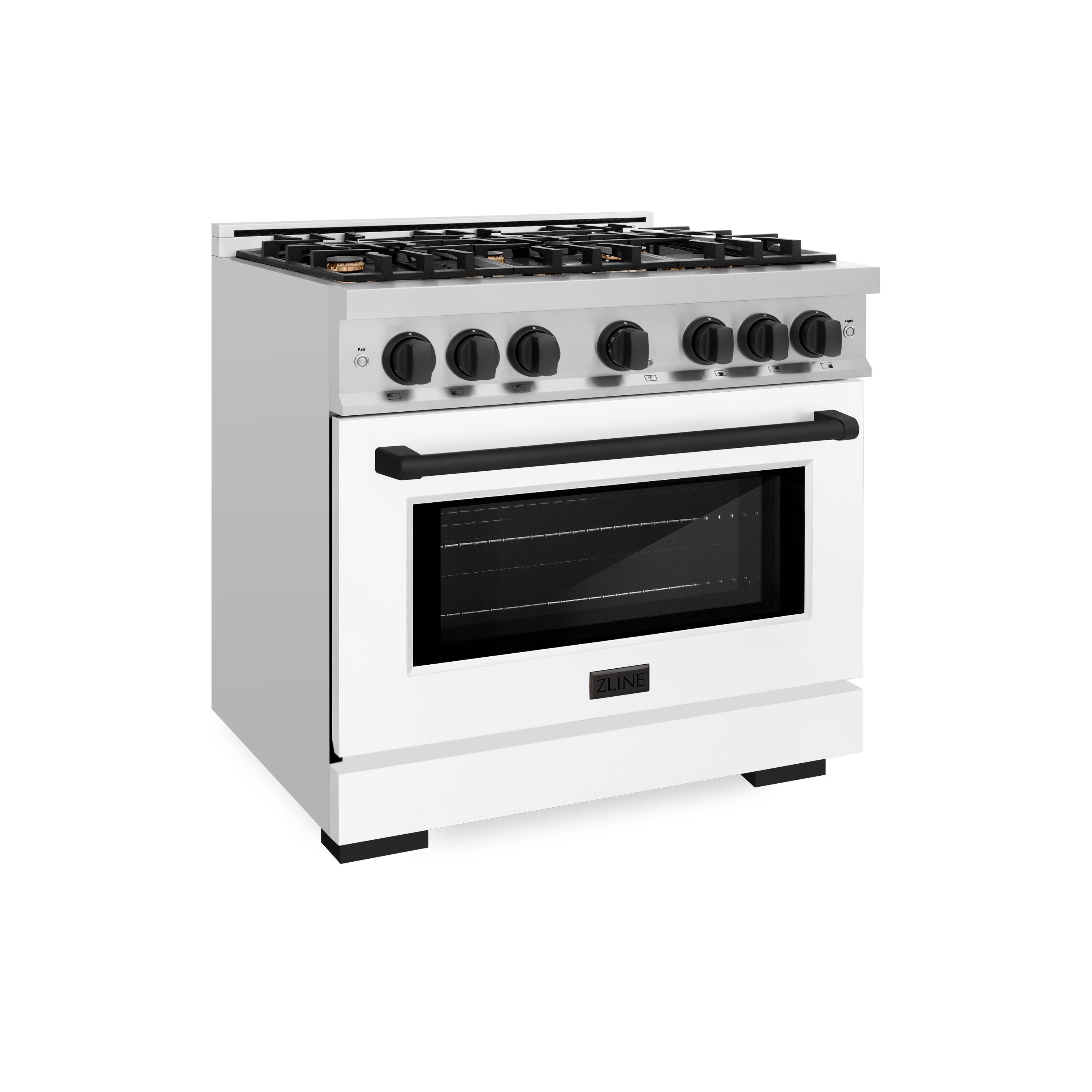Angle. ZLINE - ZLINE Autograph 36" Freestanding Select Gas Range w/ 6 Burners & White Door w/ Black Accents (HGRZ-WM-36-MB) - Stainless Steel.