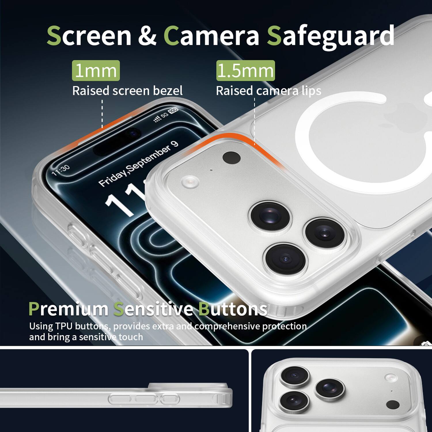 Screen & Camera Safeguard  
1mm Raised screen bezel  
1.5mm Raised camera lips  

Premium Sensitive Buttons  
Using TPU buttons, provides extra and comprehensive protection and brings a sensitive touch