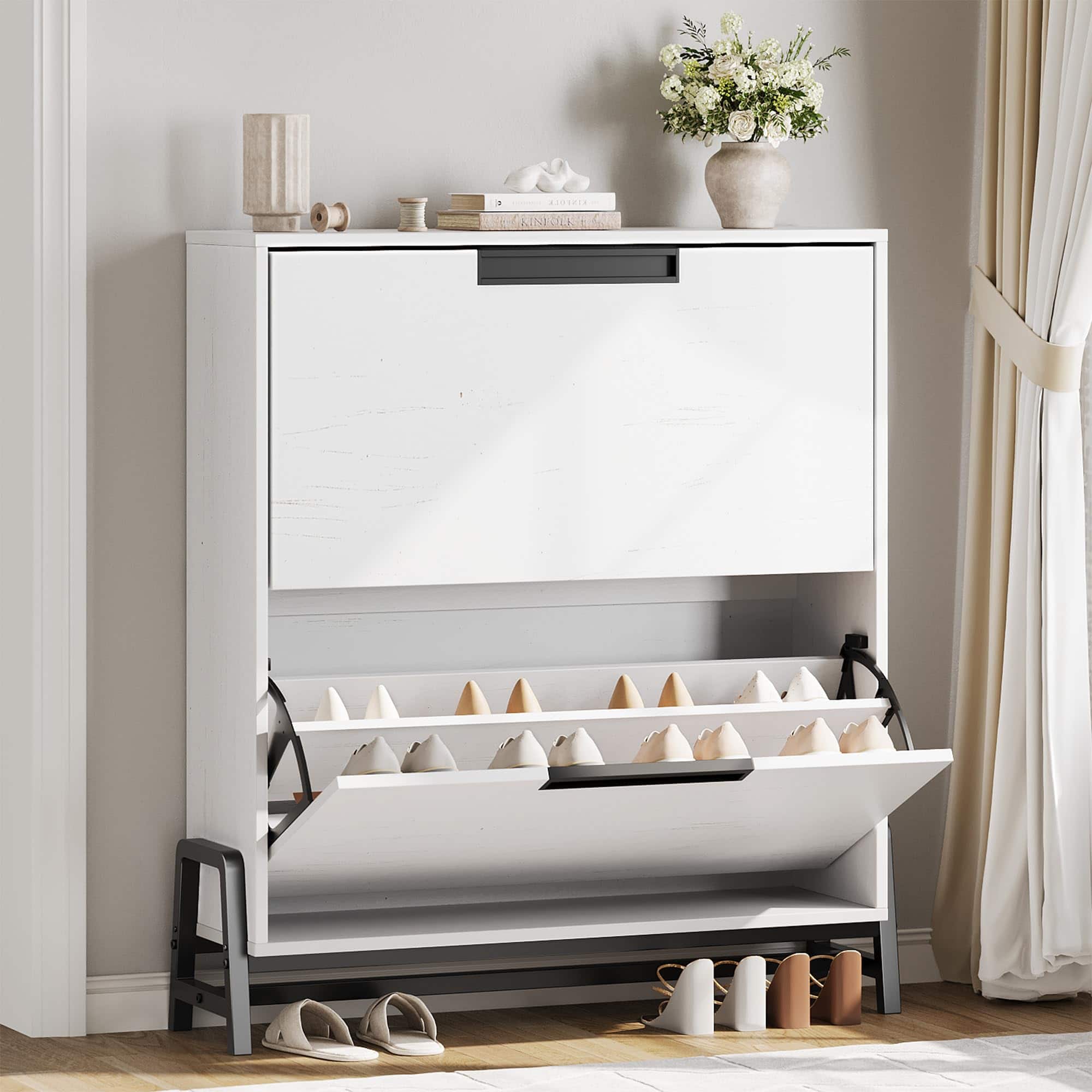 GARVEE - Shoe Storage Cabinet with 2 Flip Drawers Freestanding Shoe Organizer with Metal Legs Adjustable Shelf Narrow Shoe Rack - White