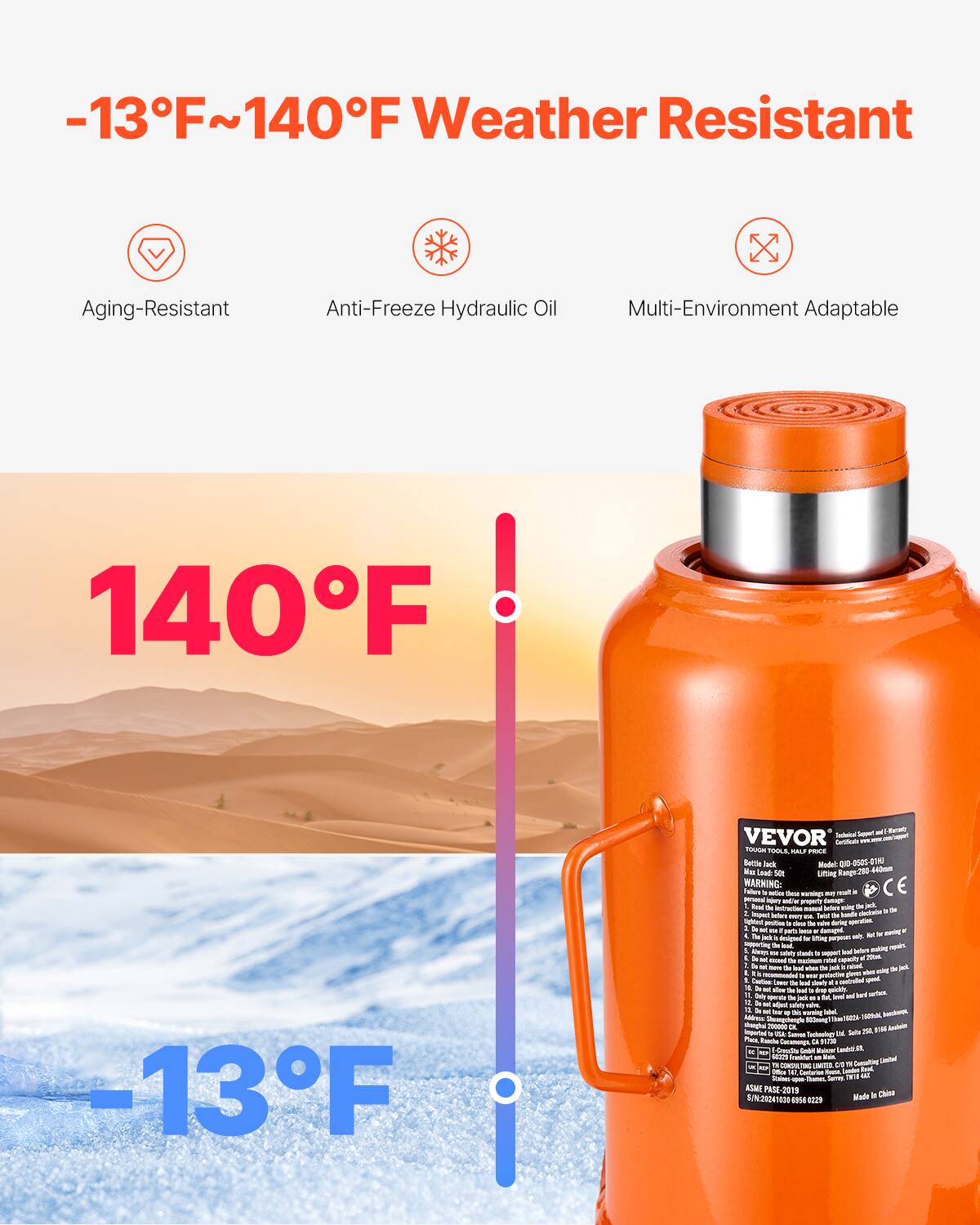 -13°F~140°F Weather Resistant  
Aging-Resistant  
Anti-Freeze Hydraulic Oil  
Multi-Environment Adaptable  

140°F  

-13°F  

VEVOR  
Model: 810-0003-038  
Made in China