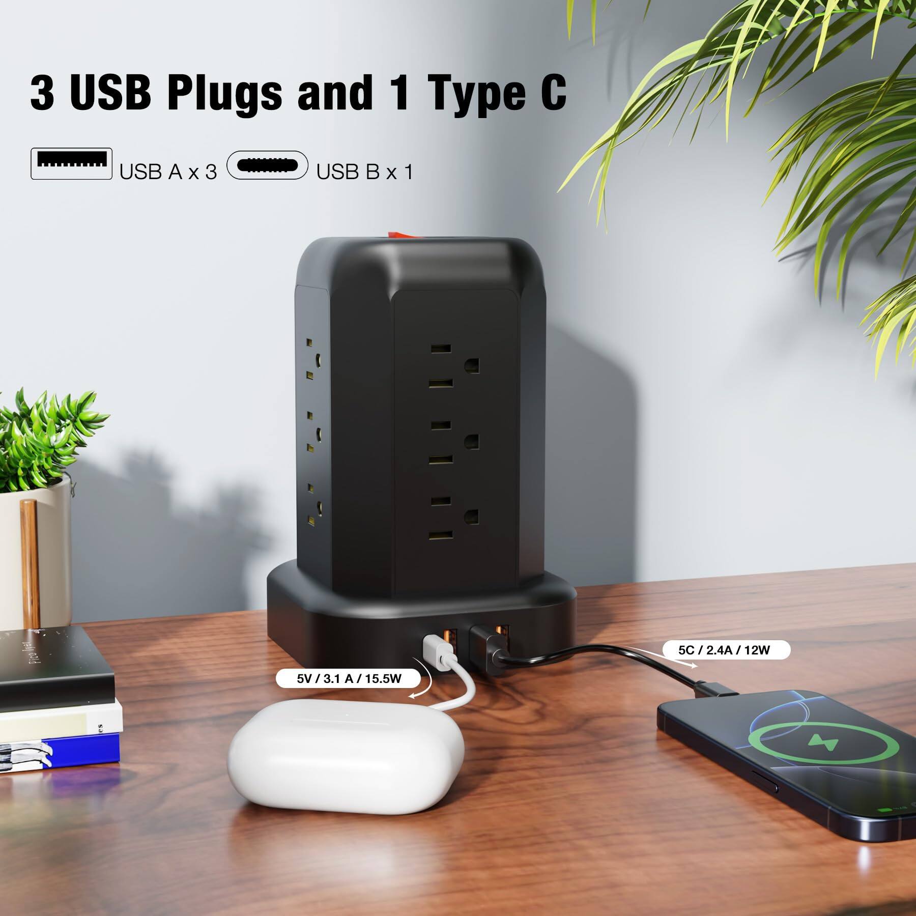 3 USB Plugs and 1 Type C

USB A x 3
USB B x 1

5C / 2.4A / 12W
5V / 3.1A / 15.5W