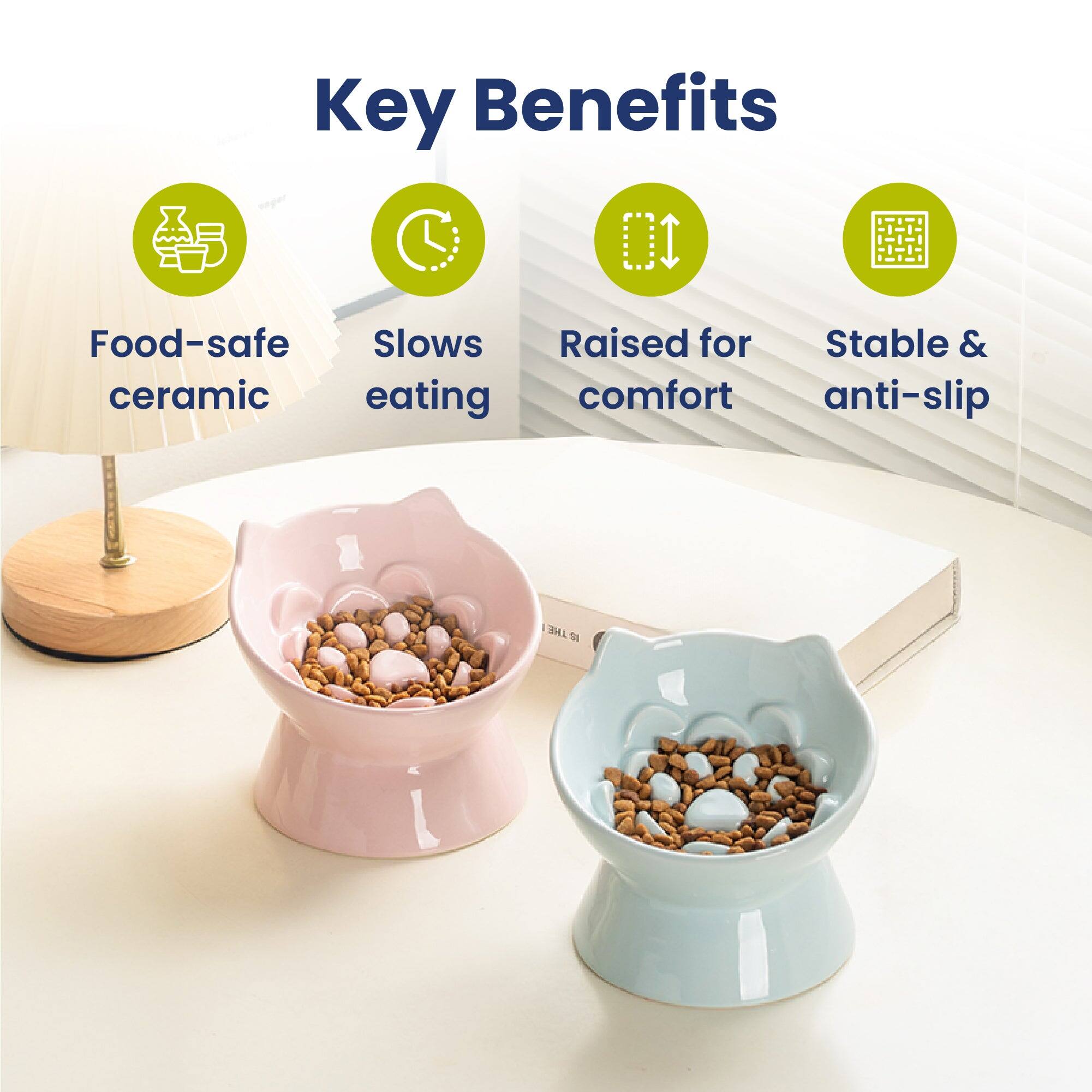 Key Benefits
- Food-safe ceramic
- Slows eating
- Raised for comfort
- Stable & anti-slip