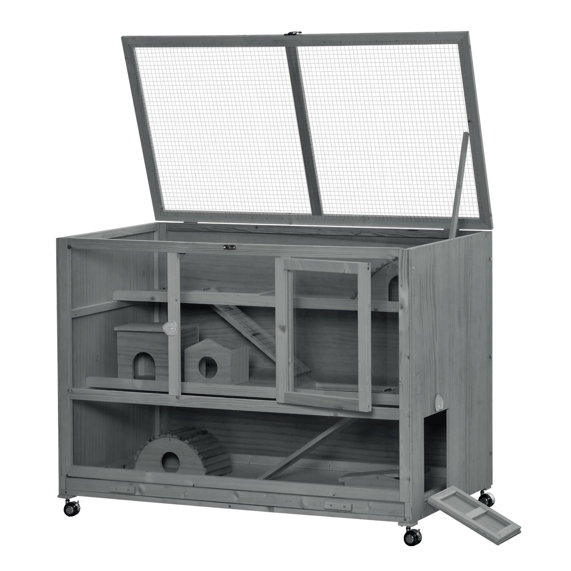 Alt View 4. Pawhut - Wooden Large Hamster Cage with Seesaw, Wheels, Small Animal Cage, Habitat, 3-Tier Hamster Habitat with Ladder.