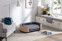 APRILSOUL - Scandinavian style Elevated Dog Bed Pet Sofa With Solid Wood legs and Bent Wood Back Velvet Cushion Large Size - DARK GREY