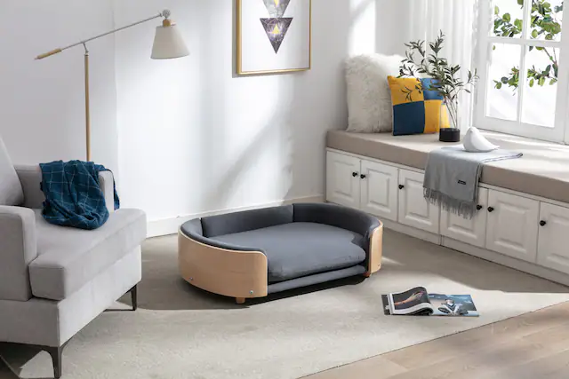 Front. APRILSOUL - Scandinavian style Elevated Dog Bed Pet Sofa With Solid Wood legs and Bent Wood Back Velvet Cushion Large Size - DARK GREY.