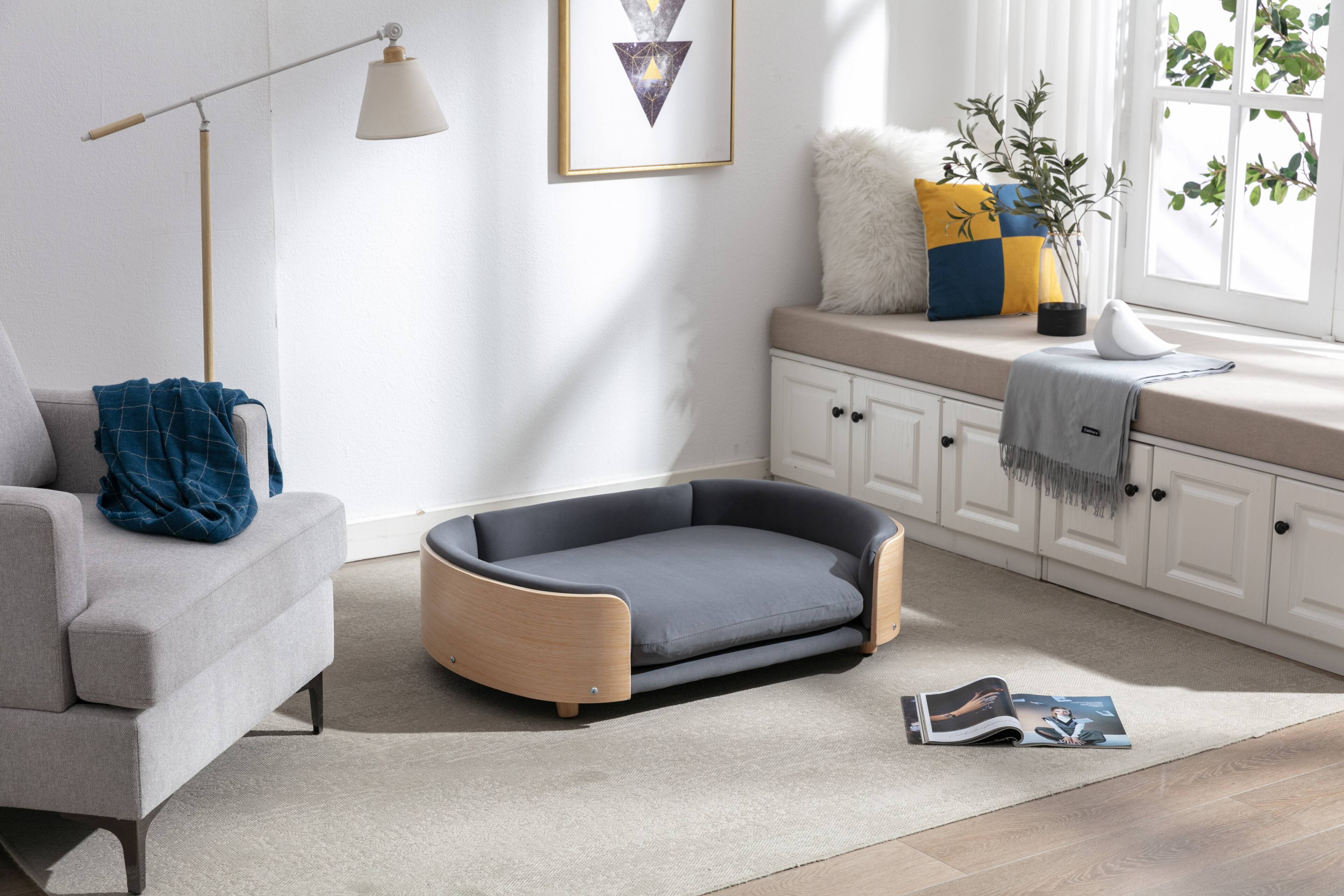 Front. APRILSOUL - Scandinavian style Elevated Dog Bed Pet Sofa With Solid Wood legs and Bent Wood Back Velvet Cushion Large Size - DARK GREY.